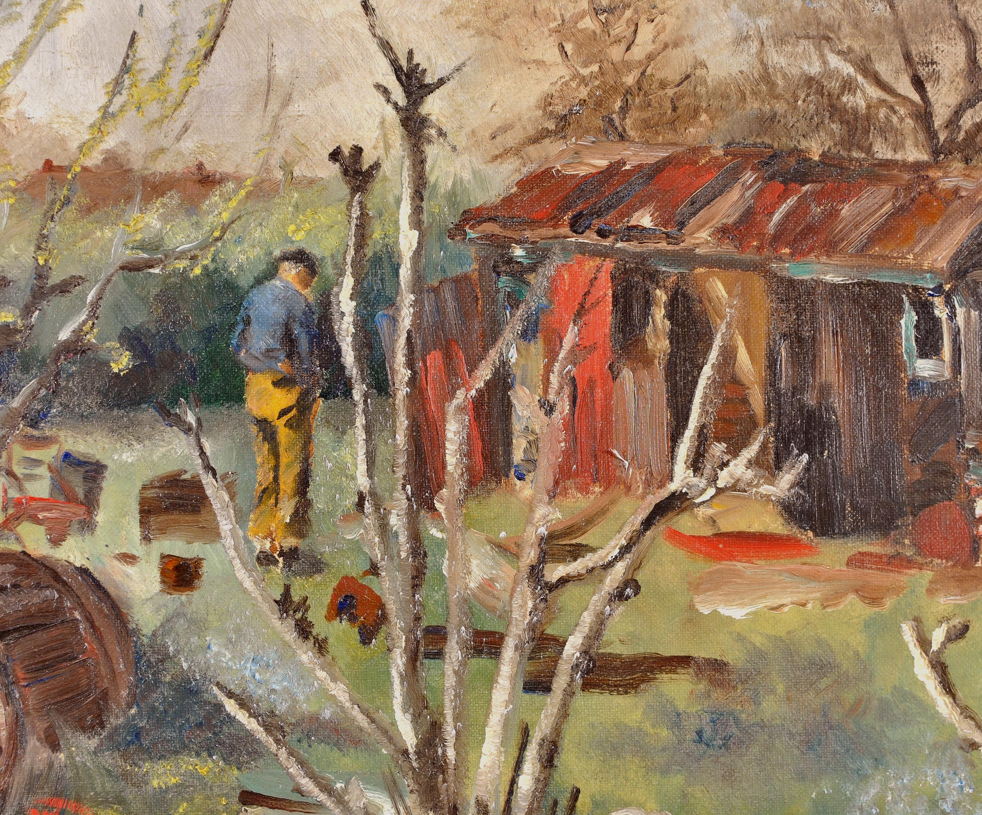 The Garden Shed - Mid 20th Century Modern British Figurative Landscape Painting For Sale 1
