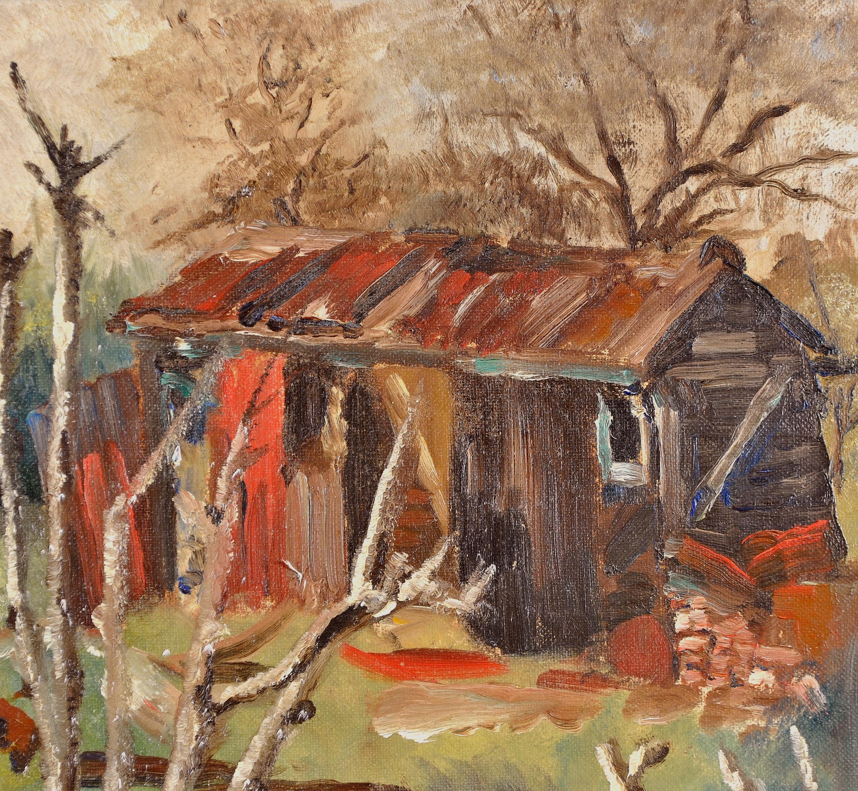 The Garden Shed - Mid 20th Century Modern British Figurative Landscape Painting For Sale 3