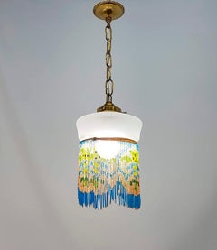 Mid-20th Century Engraved Brass Chandelier Opaline Glass Fringe Pendant