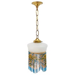 Vintage Mid-20th Century Engraved Brass Chandelier Opaline Glass Fringe Pendant