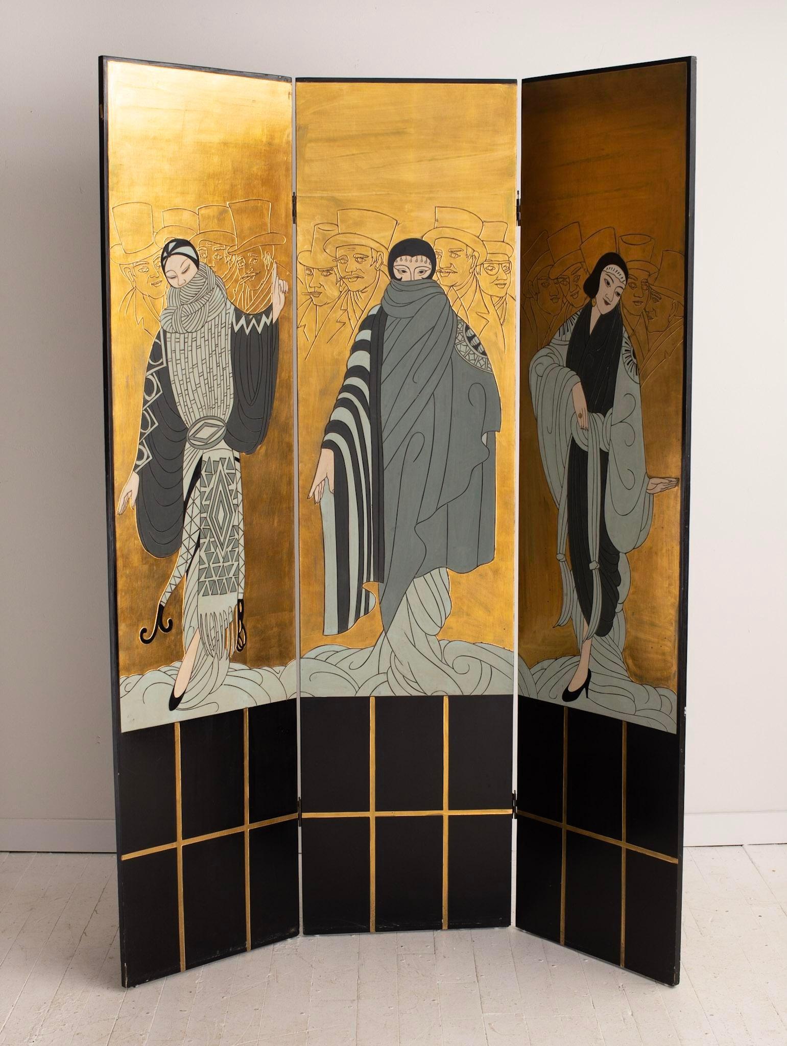 3 panel folding screen. Erté style Art Deco illustrations. Hinges bend in both directions for set up variations. Each individual panel is just over 20.25” wide.
