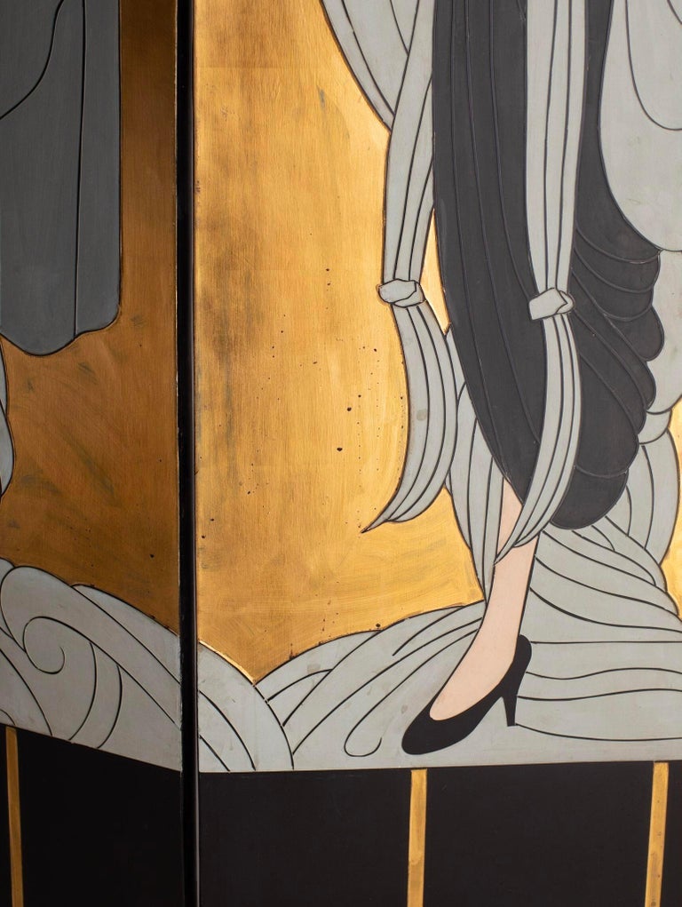 Mid 20th Century Erté Style 3 Panel Room Divider Folding Screen In Good Condition In Brooklyn, NY