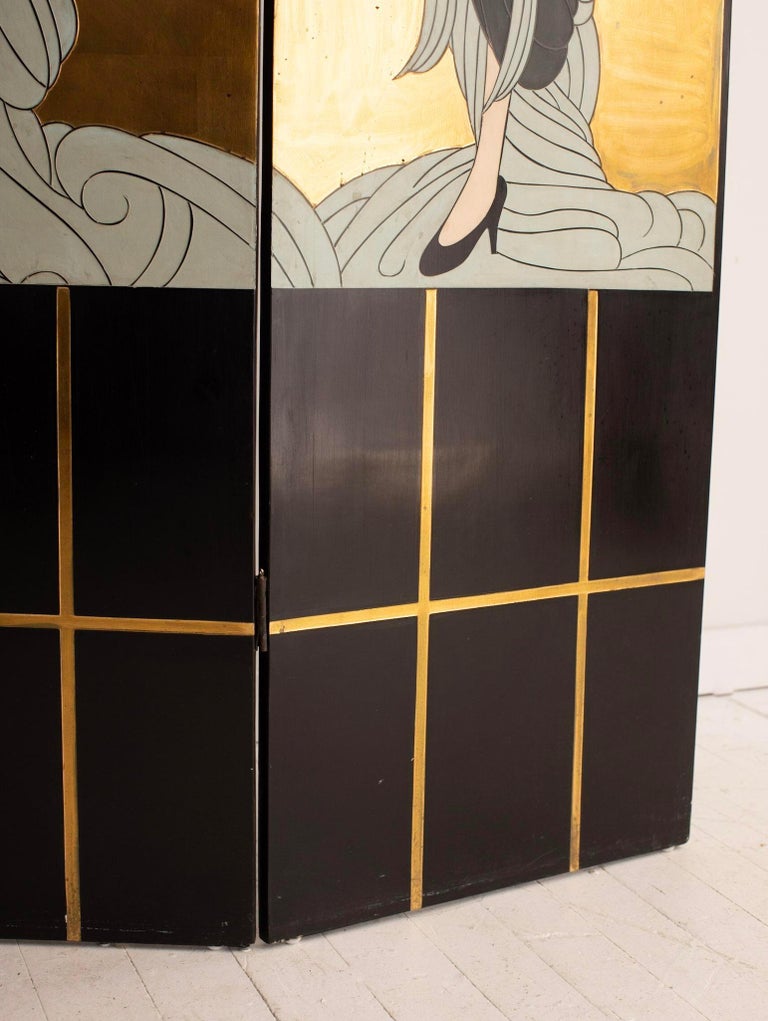 Gold Leaf Mid 20th Century Erté Style 3 Panel Room Divider Folding Screen