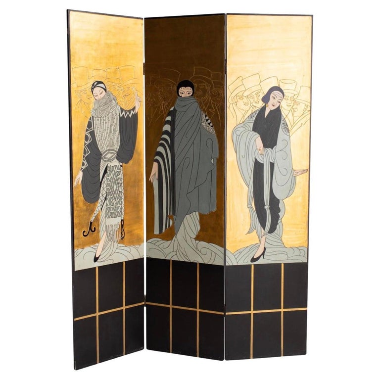 Mid 20th Century Erté Style 3 Panel Room Divider Folding Screen