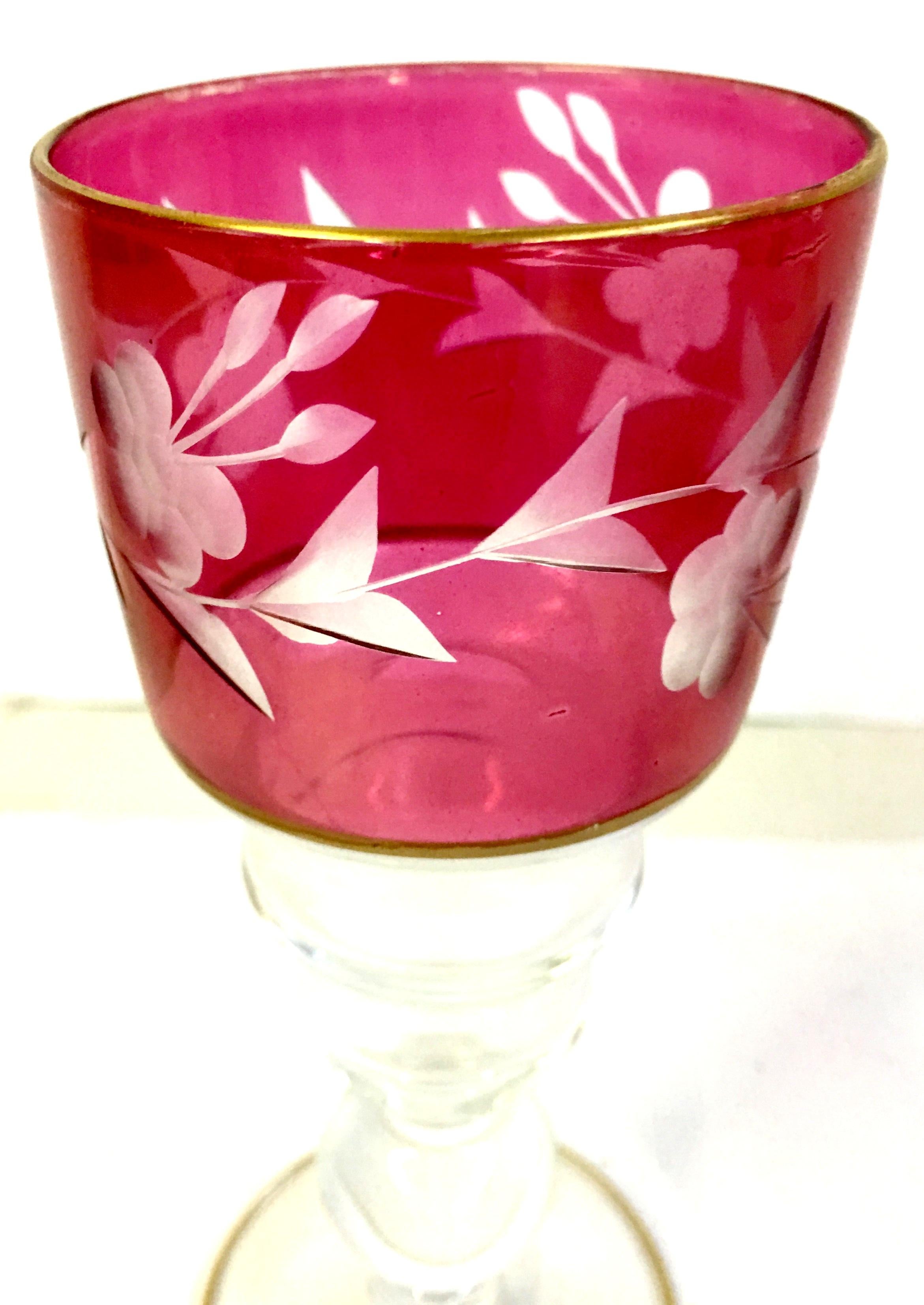 Mid-20th Century Etched Crystal & 22k Gold Cranberry Cordial Glasses S/6 For Sale 1