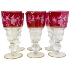 Etched Crystal and 22-Karat Gold Cranberry Cordial Glasses Set of 6