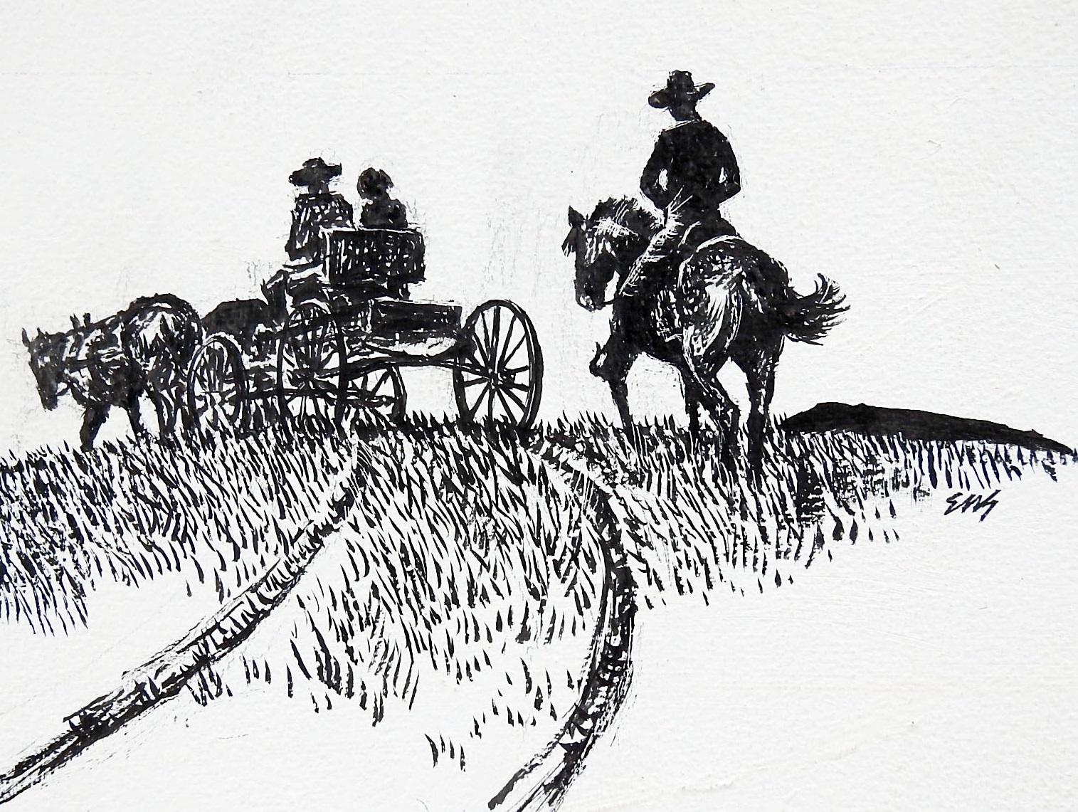 Feder und Tinte auf Zeichenkarton eines Cowboys auf einem Pferd und einem Wagen von Eugene Shortridge (1926-2014), einem bekannten Western-Illustrator. Signiert am oberen Rand. Ungerahmt, Randabrieb.