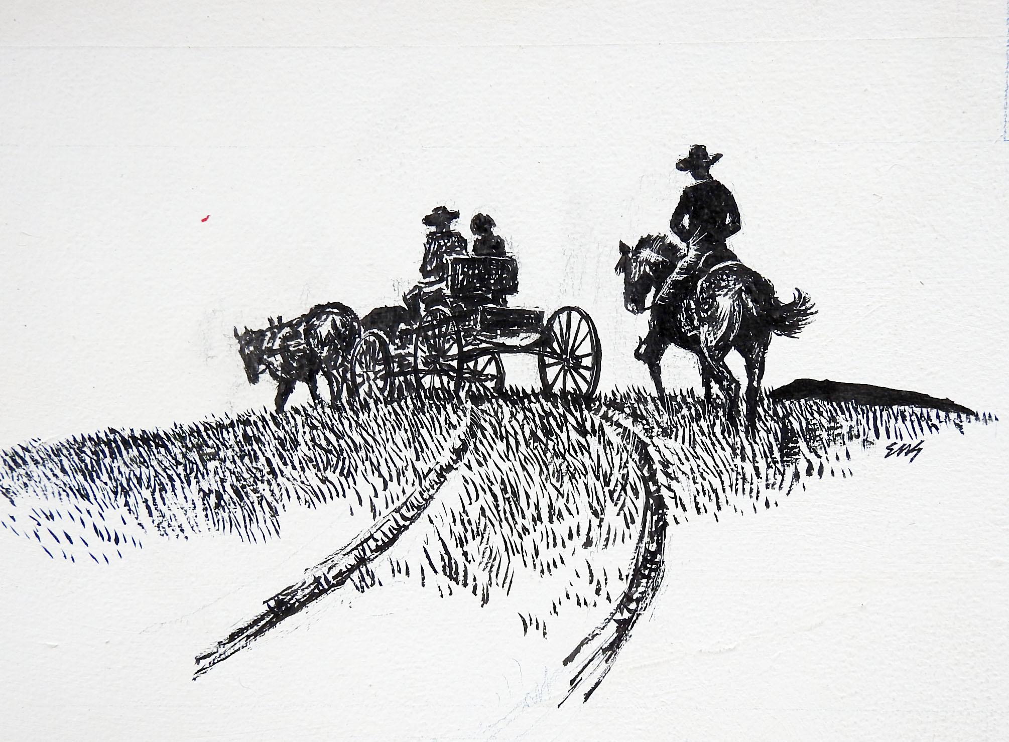 Rustic Mid 20th Century Eugene Shortridge Cowboy & Wagon Pen & Ink Western Drawing For Sale