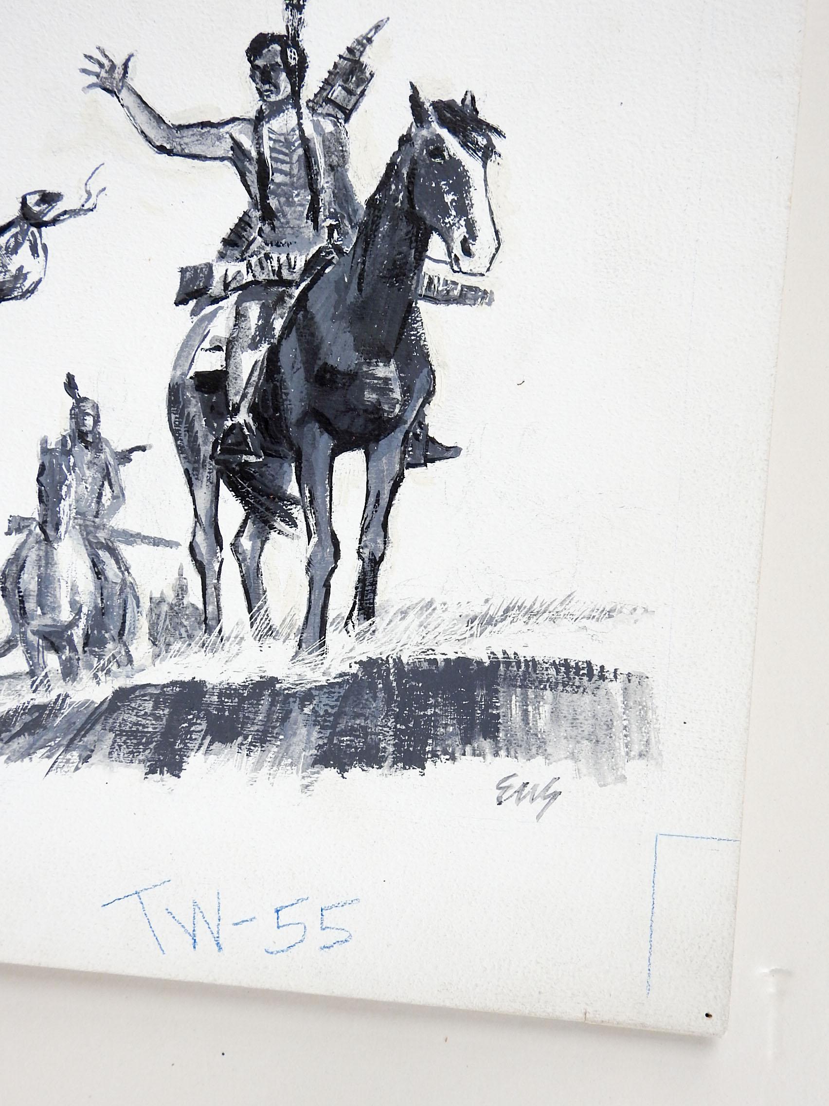 Gouache auf Zeichenkarton eines reitenden Indianers von Eugene Shortridge (1926-2014), einem bekannten Western-Illustrator. Signiert in der rechten unteren Ecke. Ungerahmt, Randabrieb.