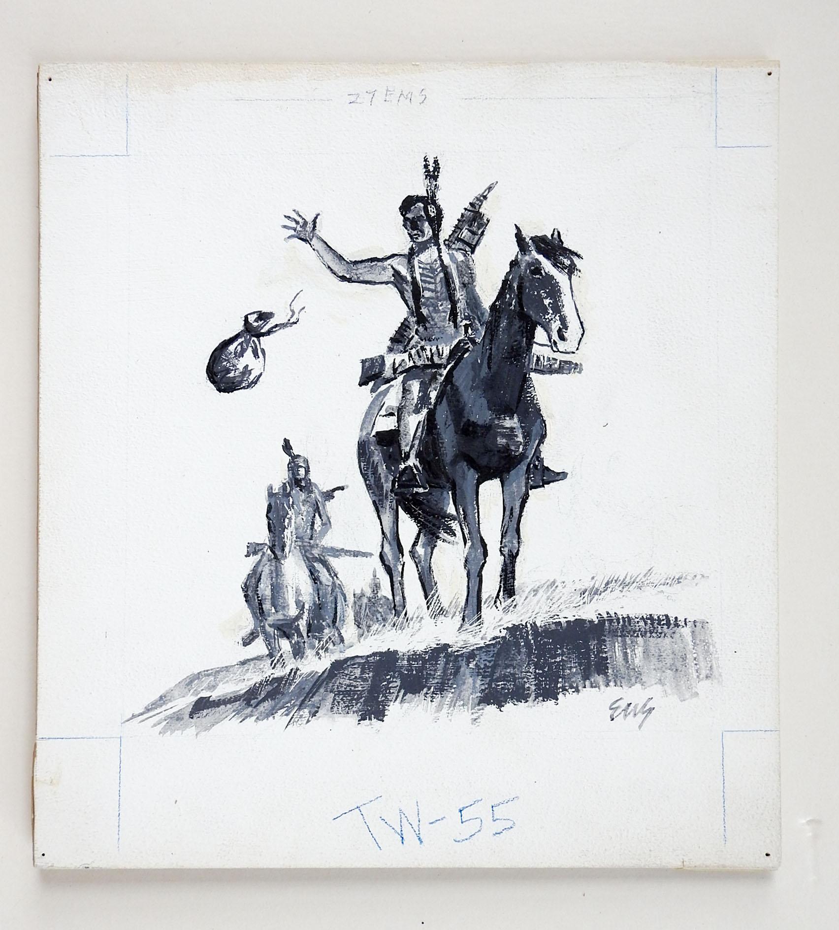 Rustic Mid 20th Century Eugene Shortridge Native American & Horse Drawing For Sale
