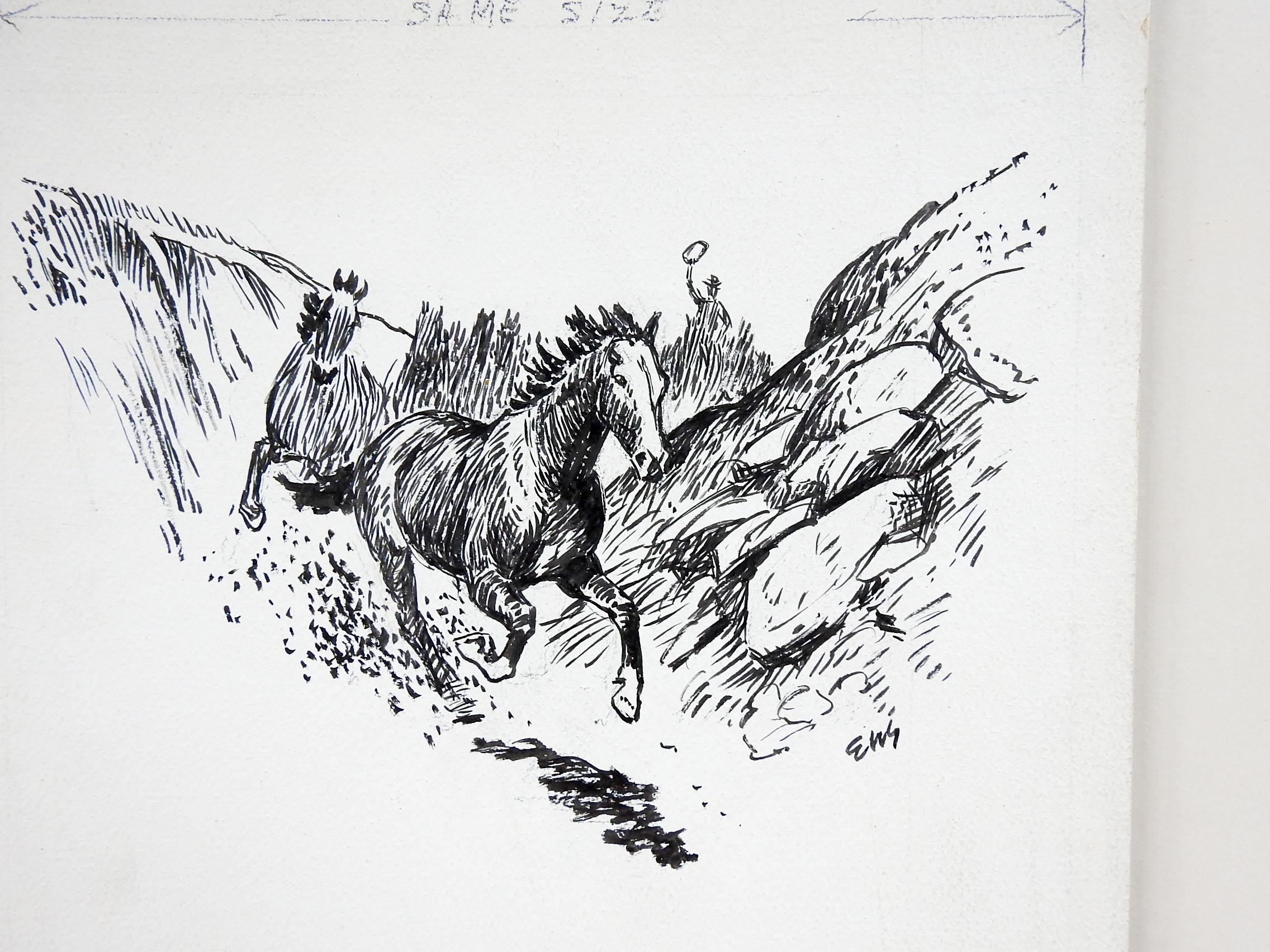 Pen and ink on artist board of wild horses by Eugene Shortridge (1926-2014) well know western illustration artist. Signed lower right corner. Unframed, edge wear.