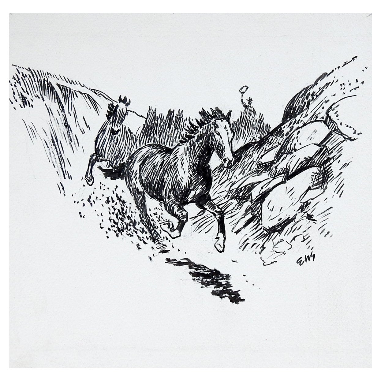 Mid-20th Century, Eugene Shortridge Wild Horses Pen 
Ink Western Drawing For Sale