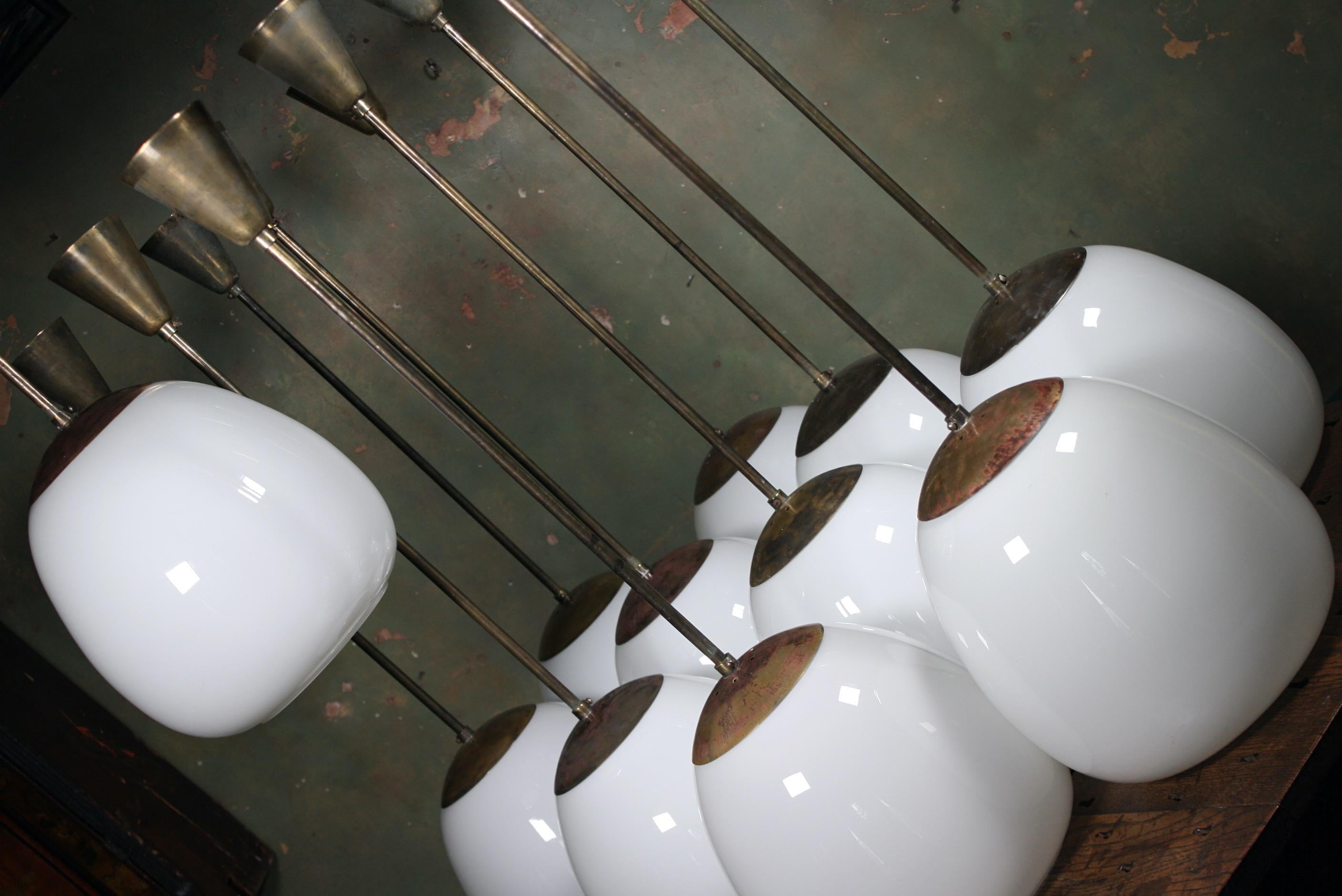 English 16 Mid-20th Century Extra Large Glass Opaline and Brass Tulip Pendants Lights