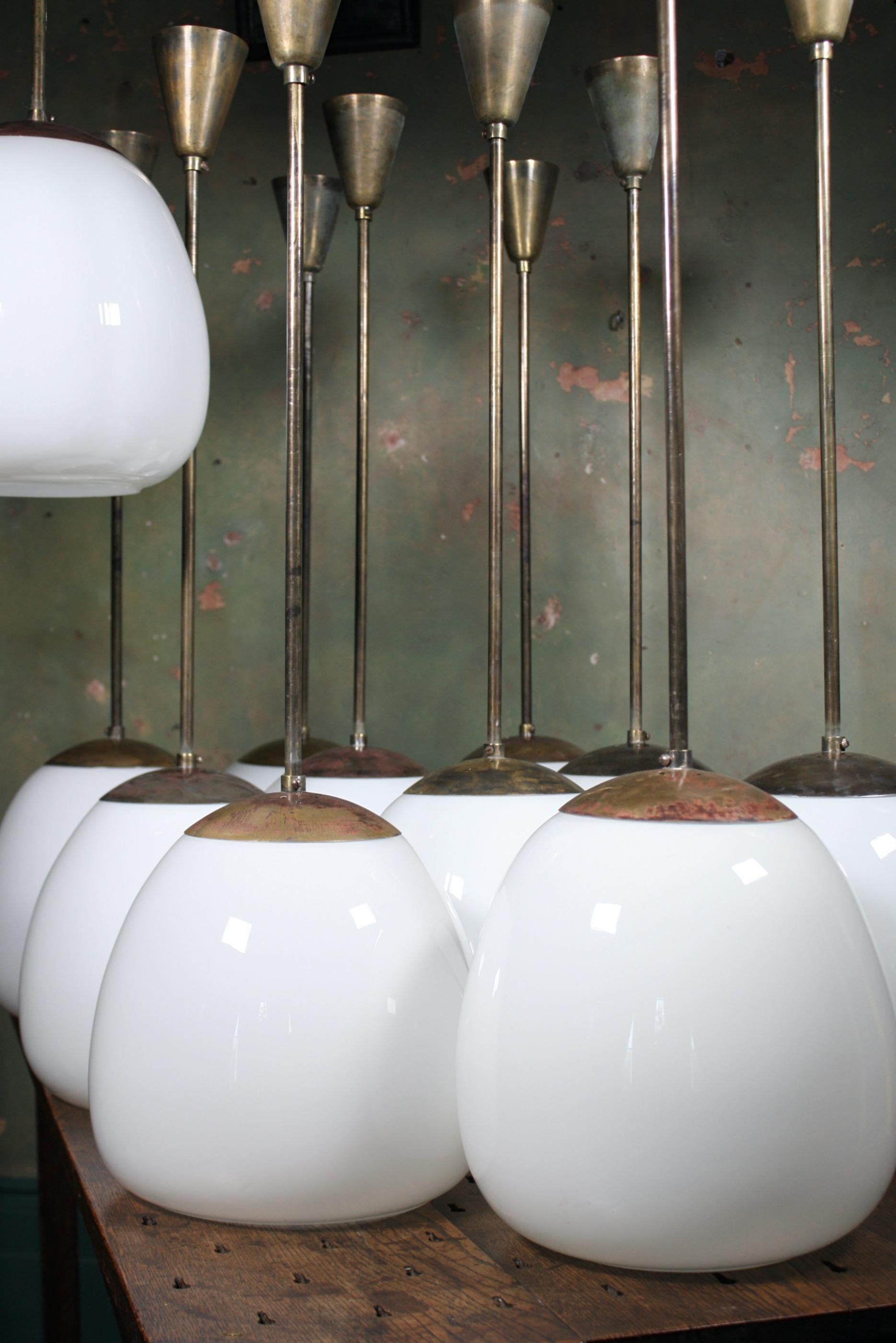 16 Mid-20th Century Extra Large Glass Opaline and Brass Tulip Pendants Lights In Good Condition In Lowestoft, GB