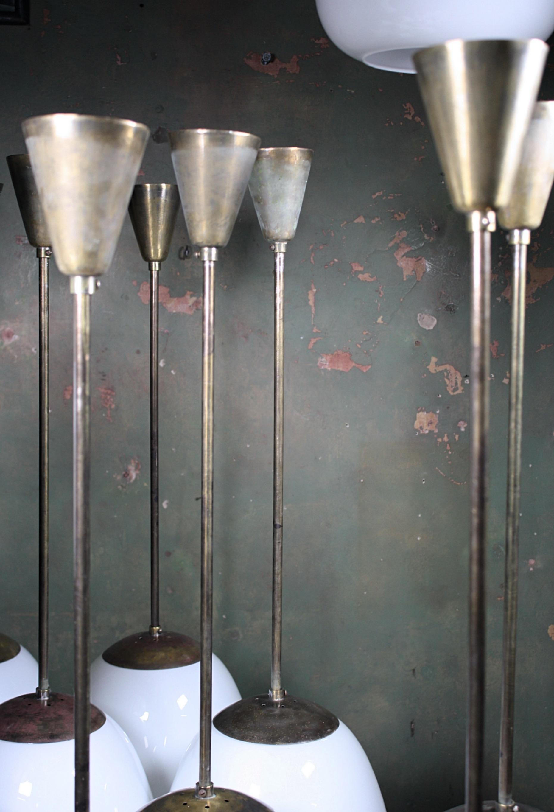 16 Mid-20th Century Extra Large Glass Opaline and Brass Tulip Pendants Lights 1