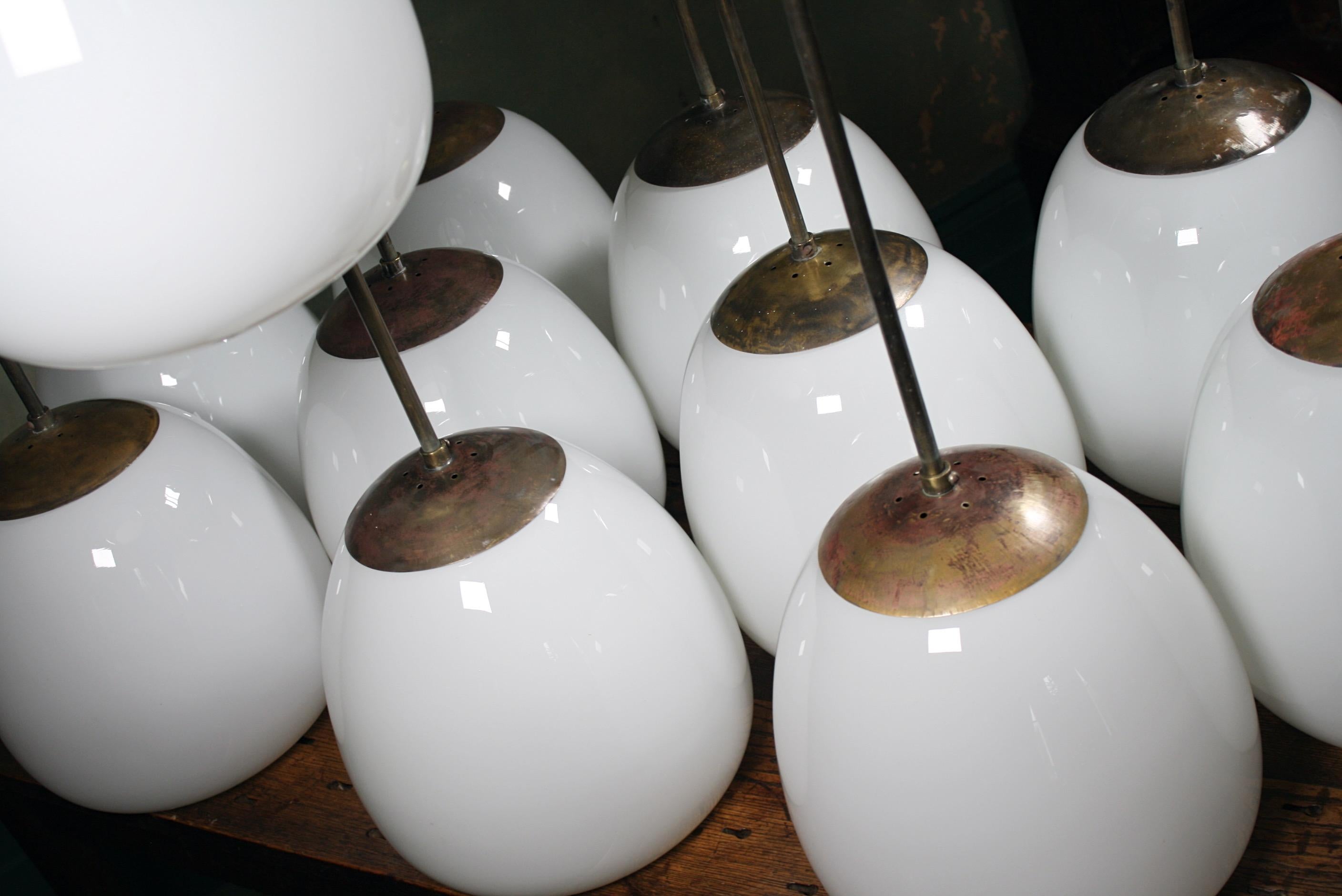16 Mid-20th Century Extra Large Glass Opaline and Brass Tulip Pendants Lights 2