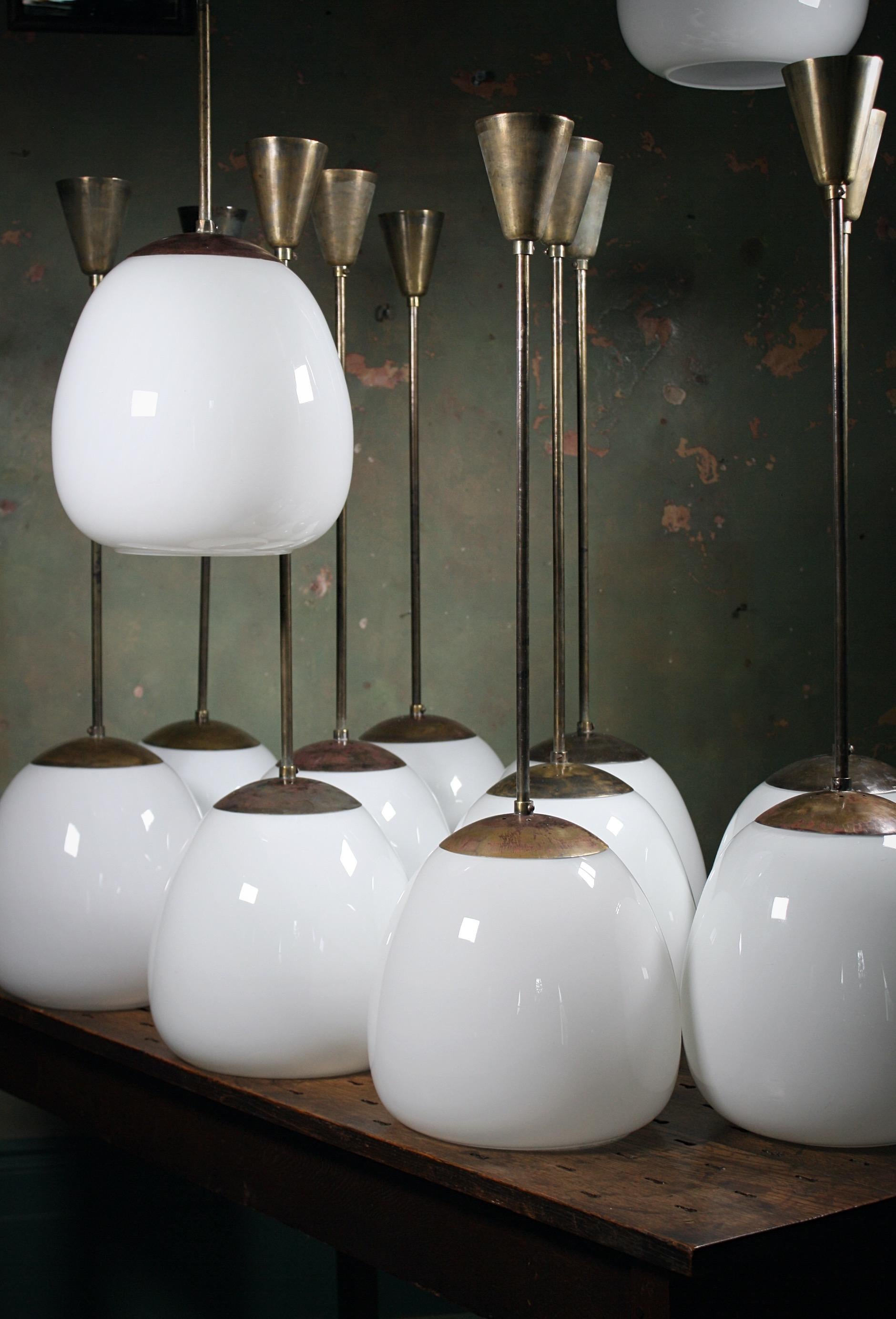 16 Mid-20th Century Extra Large Glass Opaline and Brass Tulip Pendants Lights 5