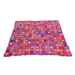 Mid 20th Century Extra Large Multi Color Granny Square Crocheted Blanket