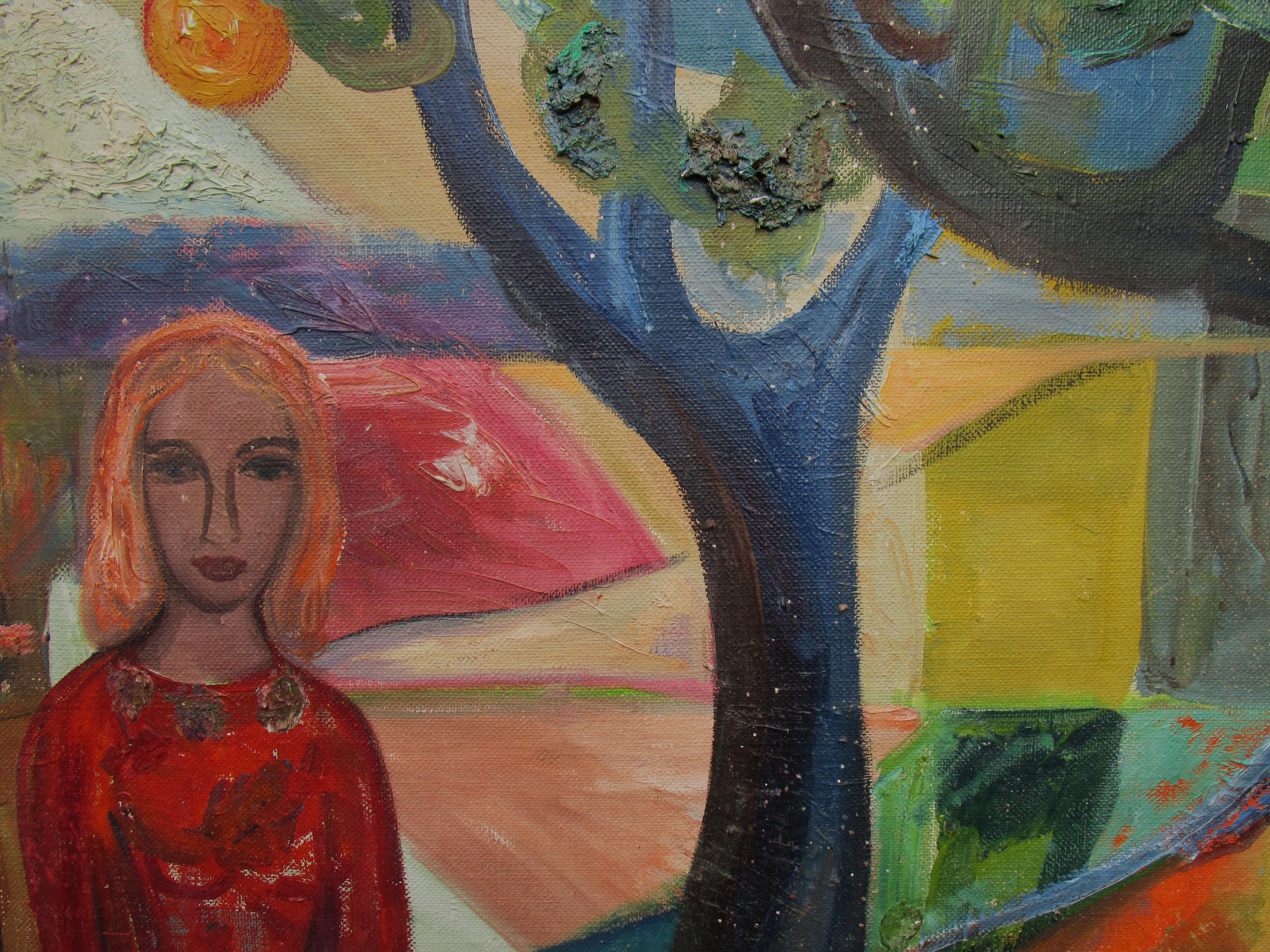 Mid 20th century Fauvist painting woman in landscape / oil painting on stretched canvas. Artist signed lower right corner - cannot fully make out signature ( img. 6 ) Measures 30 1/2