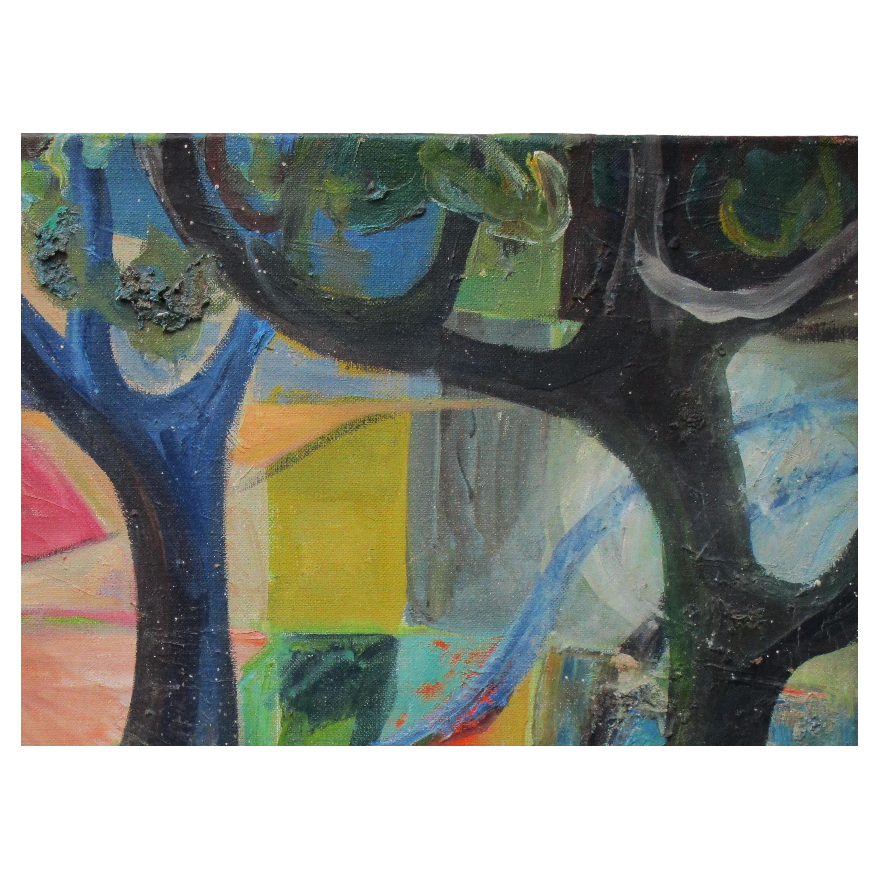 Hand-Painted Mid 20th Century Fauvist Painting Woman in Landscape