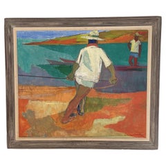 Mid-20th Century Fauvist Style Coastal Scene with Fishermen Oil Painting Signed