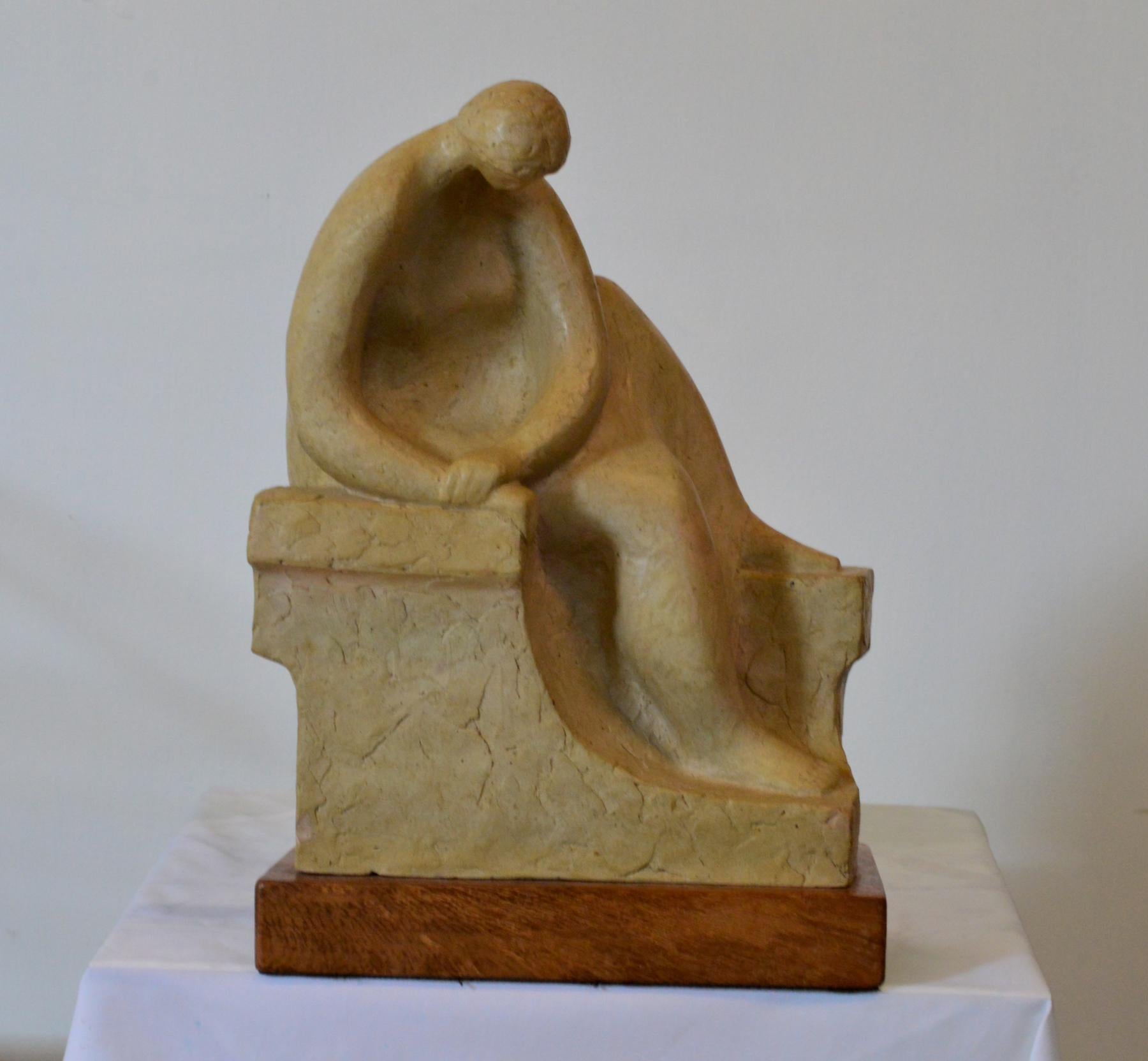 A languid abstract figural sculpture of fired clay handsomely mounted on plinth base. The artist signature is just barely illegible. We are researching and hopefully we find out who made this fantastic piece. Maybe you will take on the challenge !!!