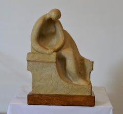 Mid-20th Century Figural Clay Sculpture on Plinth Stand