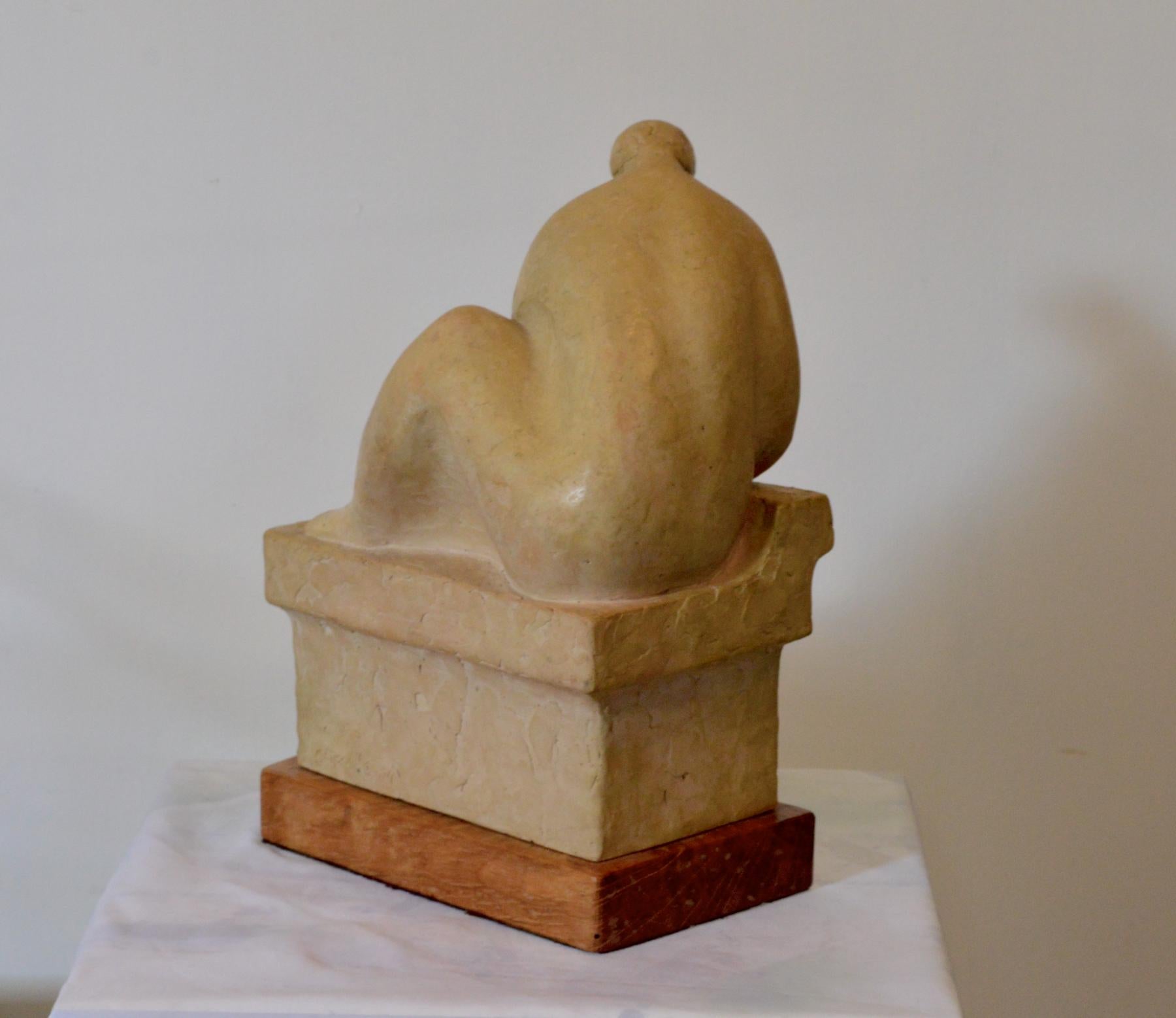 American Mid-20th Century Figural Clay Sculpture on Plinth Stand For Sale