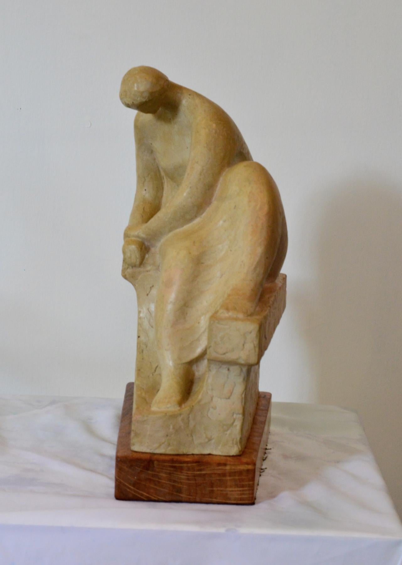 Fired Mid-20th Century Figural Clay Sculpture on Plinth Stand For Sale