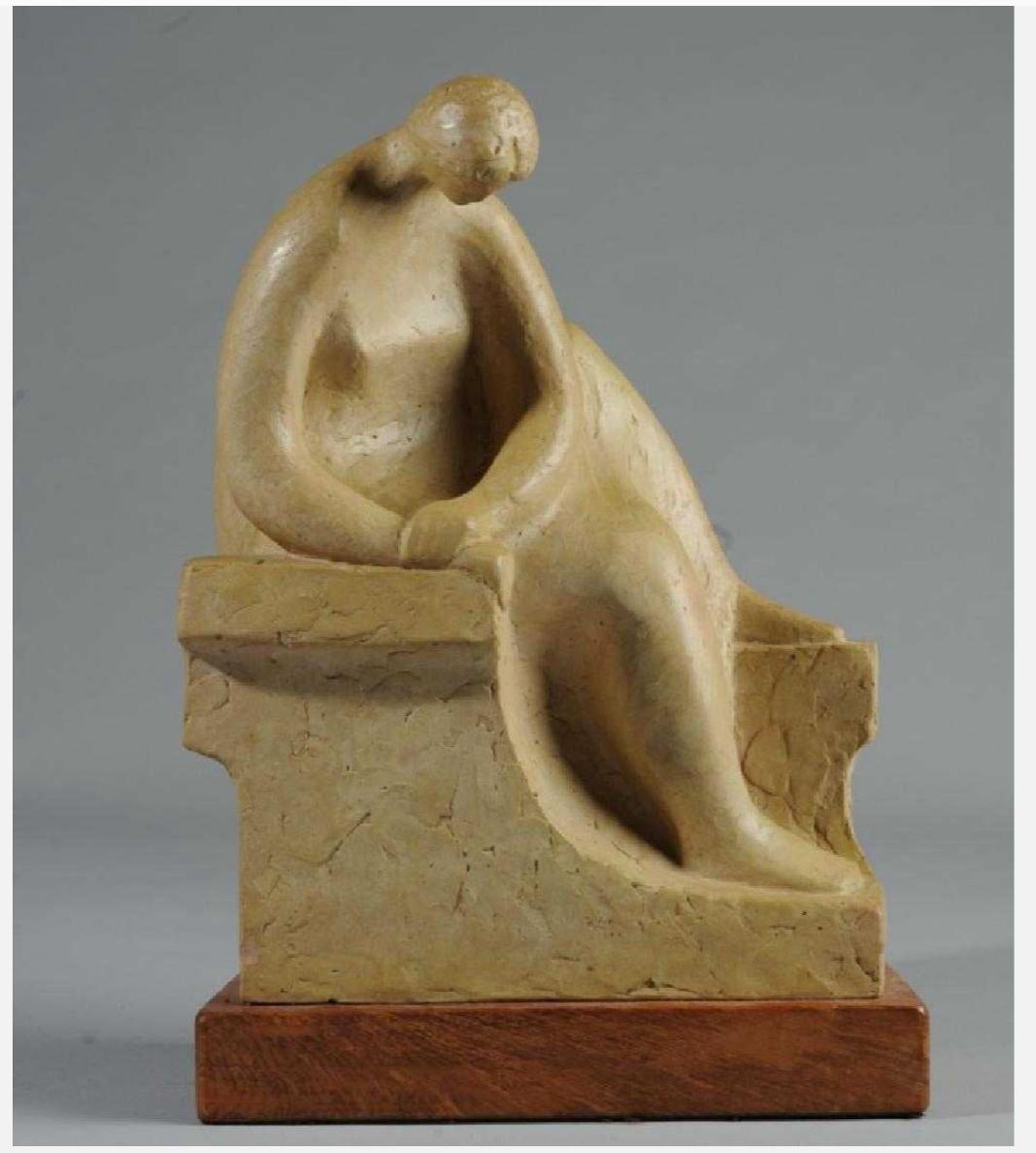 Mid-20th Century Figural Clay Sculpture on Plinth Stand In Good Condition For Sale In Charlottesville, VA