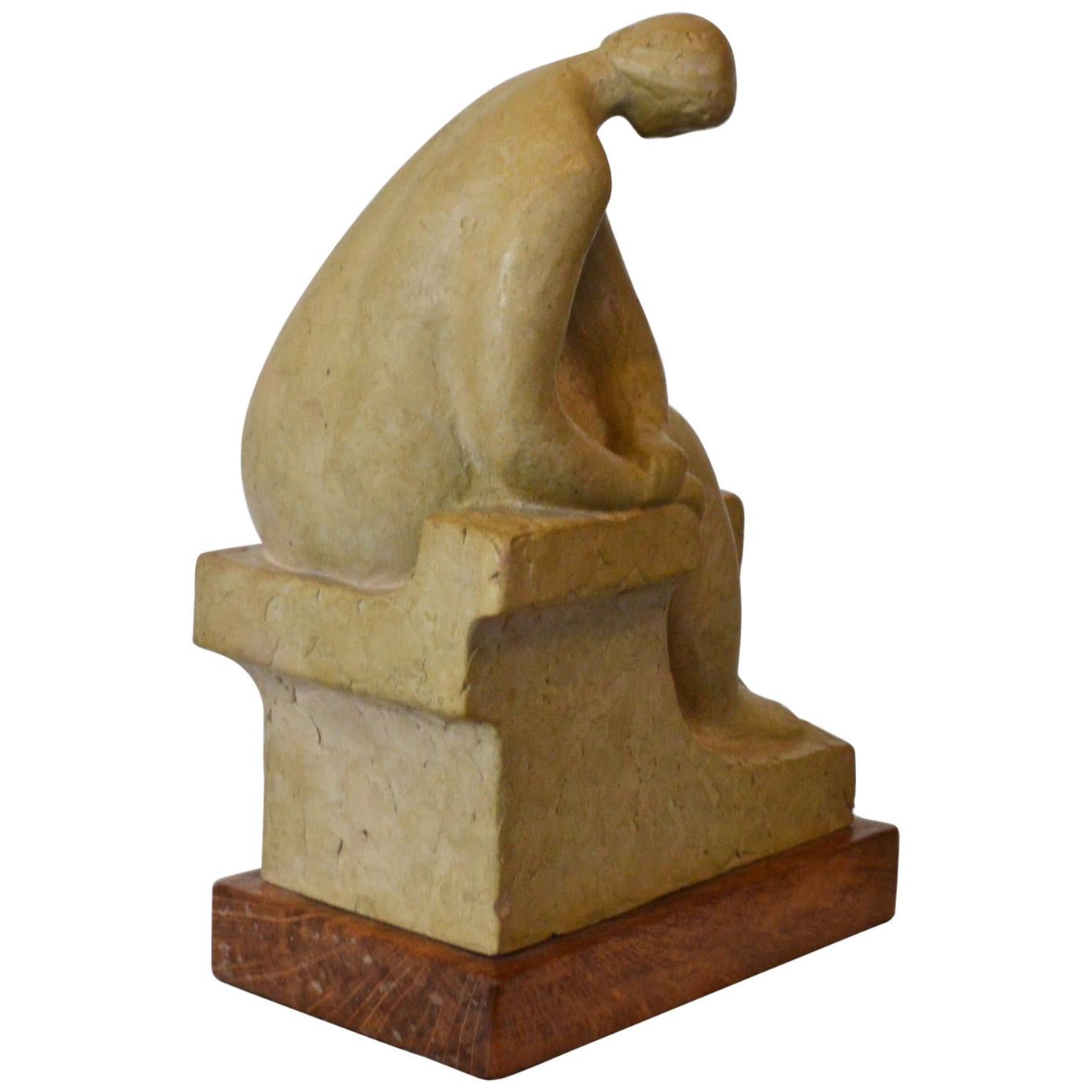 Mid-20th Century Figural Clay Sculpture on Plinth Stand For Sale