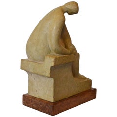 Mid-20th Century Figural Clay Sculpture on Plinth Stand