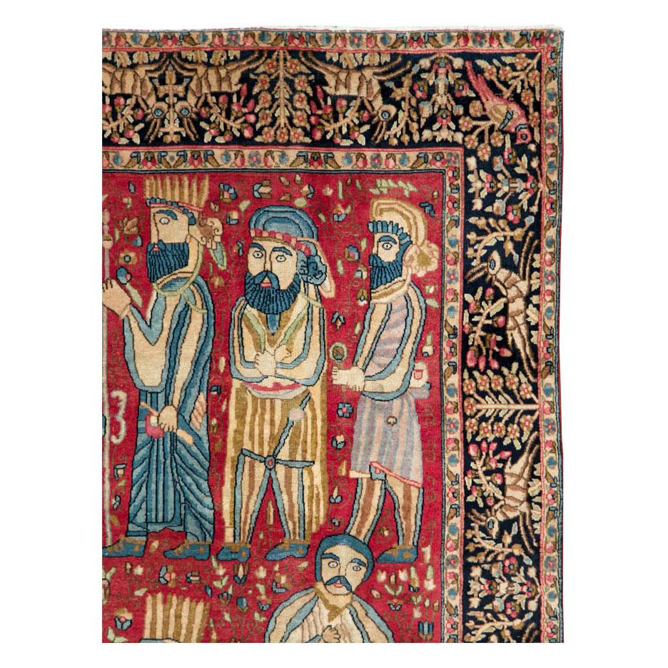 Folk Art Mid-20th Century Fine Handmade Persian Kerman Pictorial Accent Rug For Sale