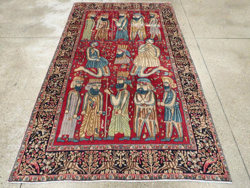 Hand-Knotted Mid-20th Century Fine Handmade Persian Kerman Pictorial Accent Rug For Sale