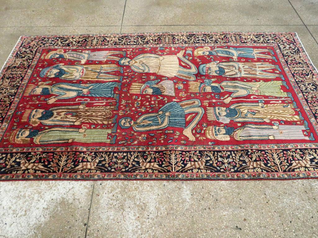 Wool Mid-20th Century Fine Handmade Persian Kerman Pictorial Accent Rug For Sale