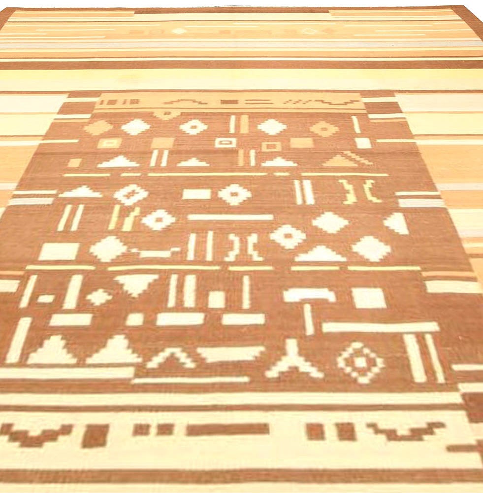 Hand-Woven Mid-20th Century Finnish Brown, Beige Wool Rug For Sale