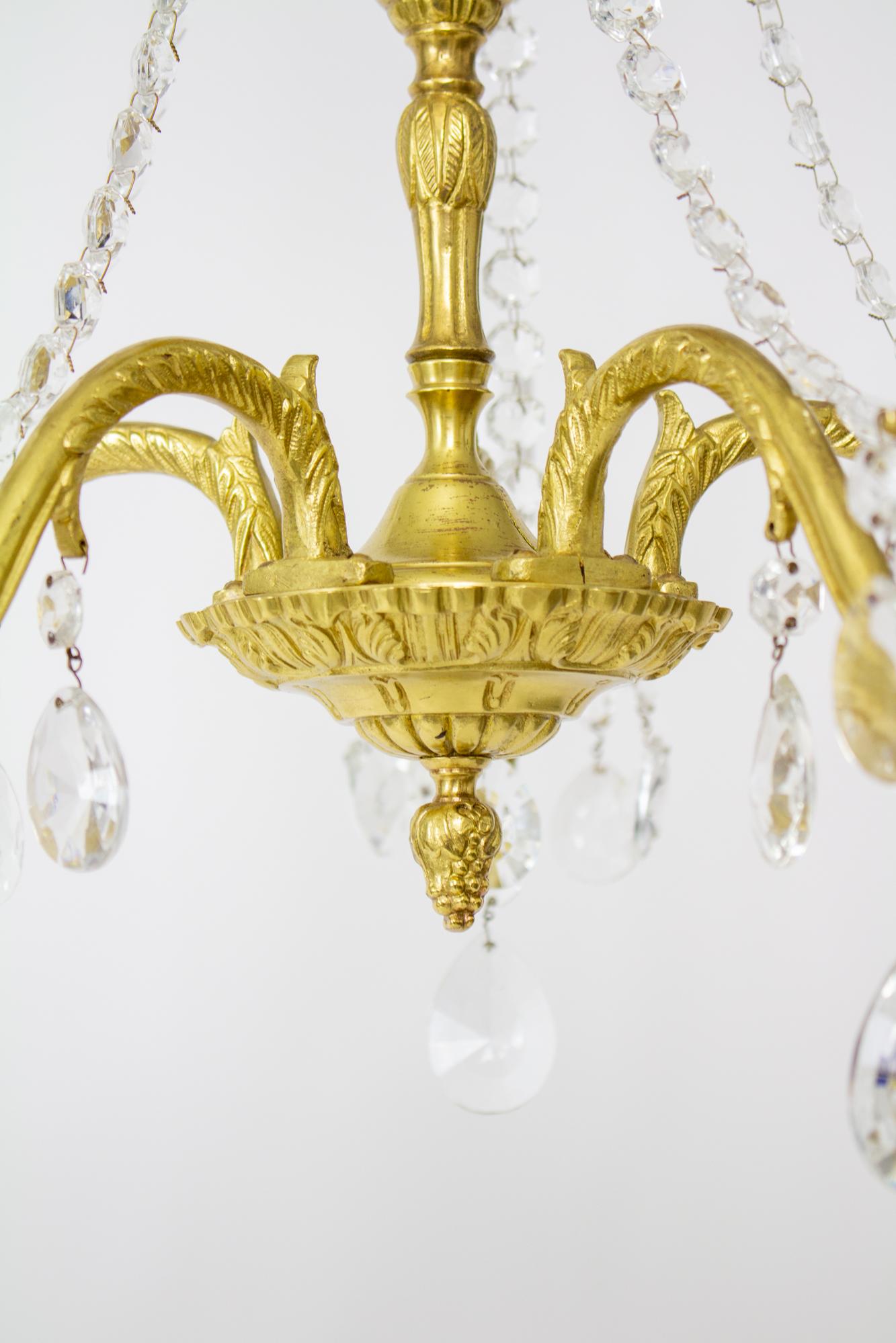 Mid-20th Century Five Arm Spanish Cast Brass and Crystal Chandelier For Sale 7
