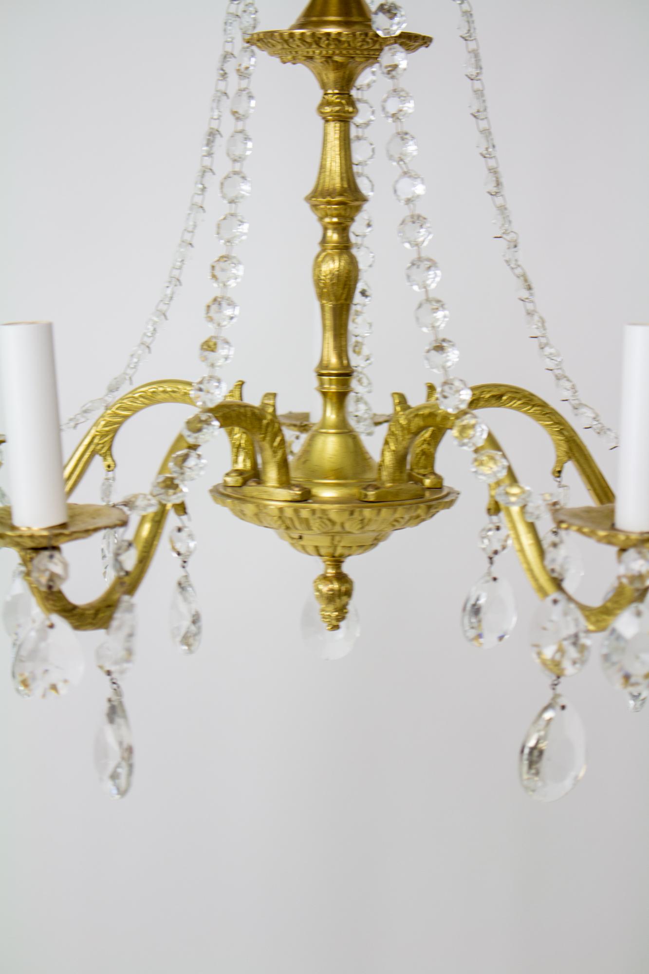 Mid-20th Century Five Arm Spanish Cast Brass and Crystal Chandelier In Good Condition For Sale In Canton, MA