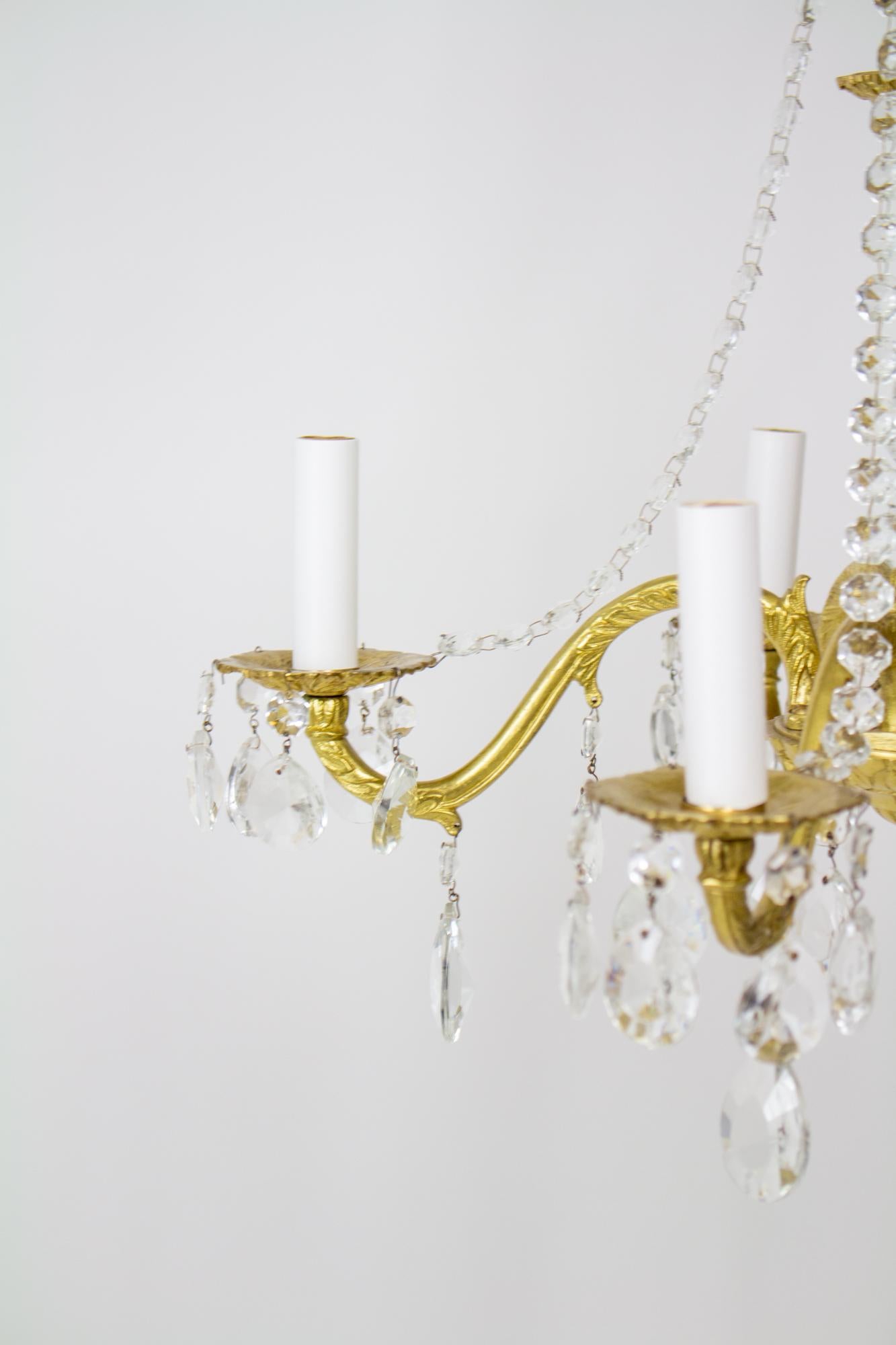 Mid-20th Century Five Arm Spanish Cast Brass and Crystal Chandelier For Sale 1