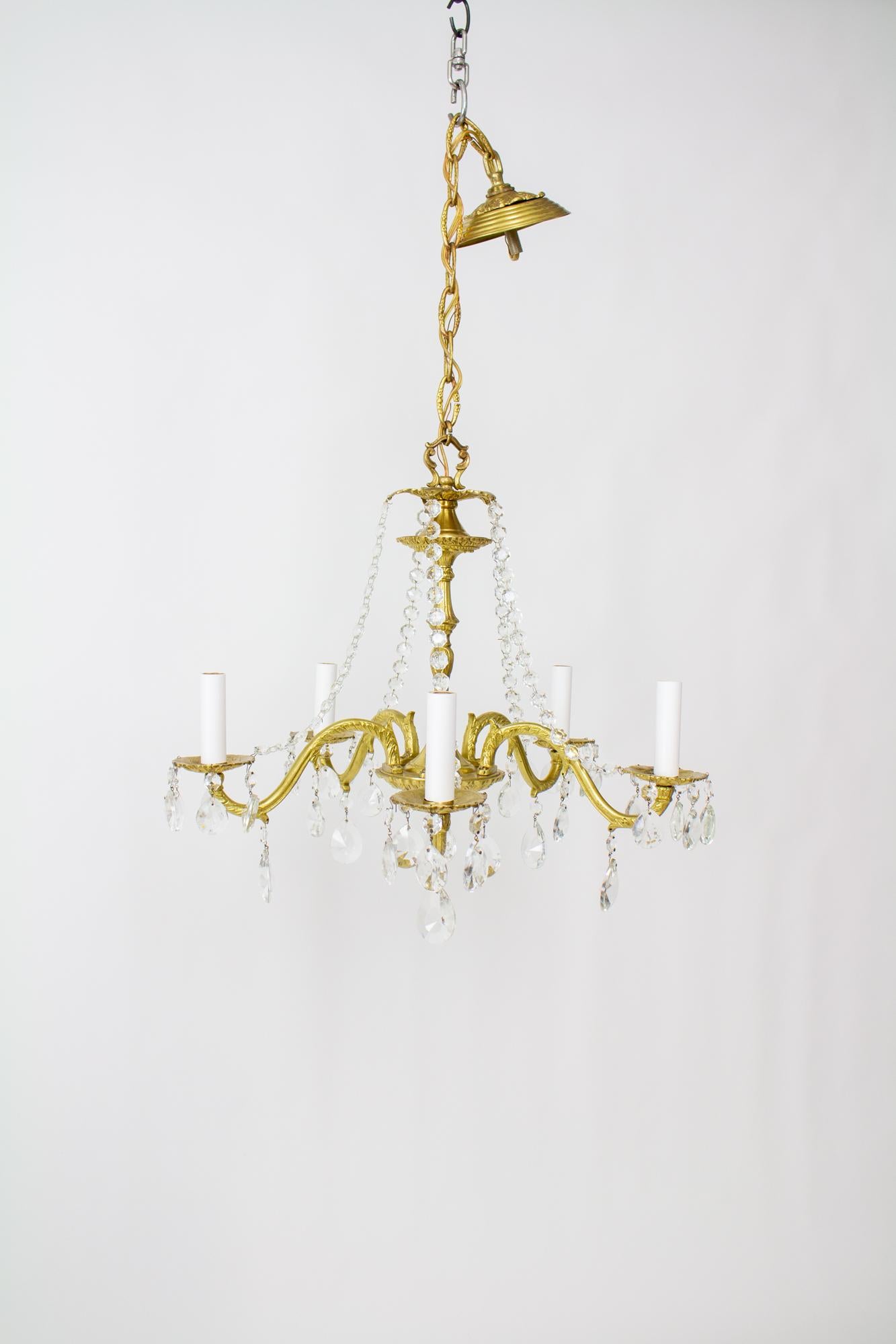 Mid-20th Century Five Arm Spanish Cast Brass and Crystal Chandelier For Sale 2