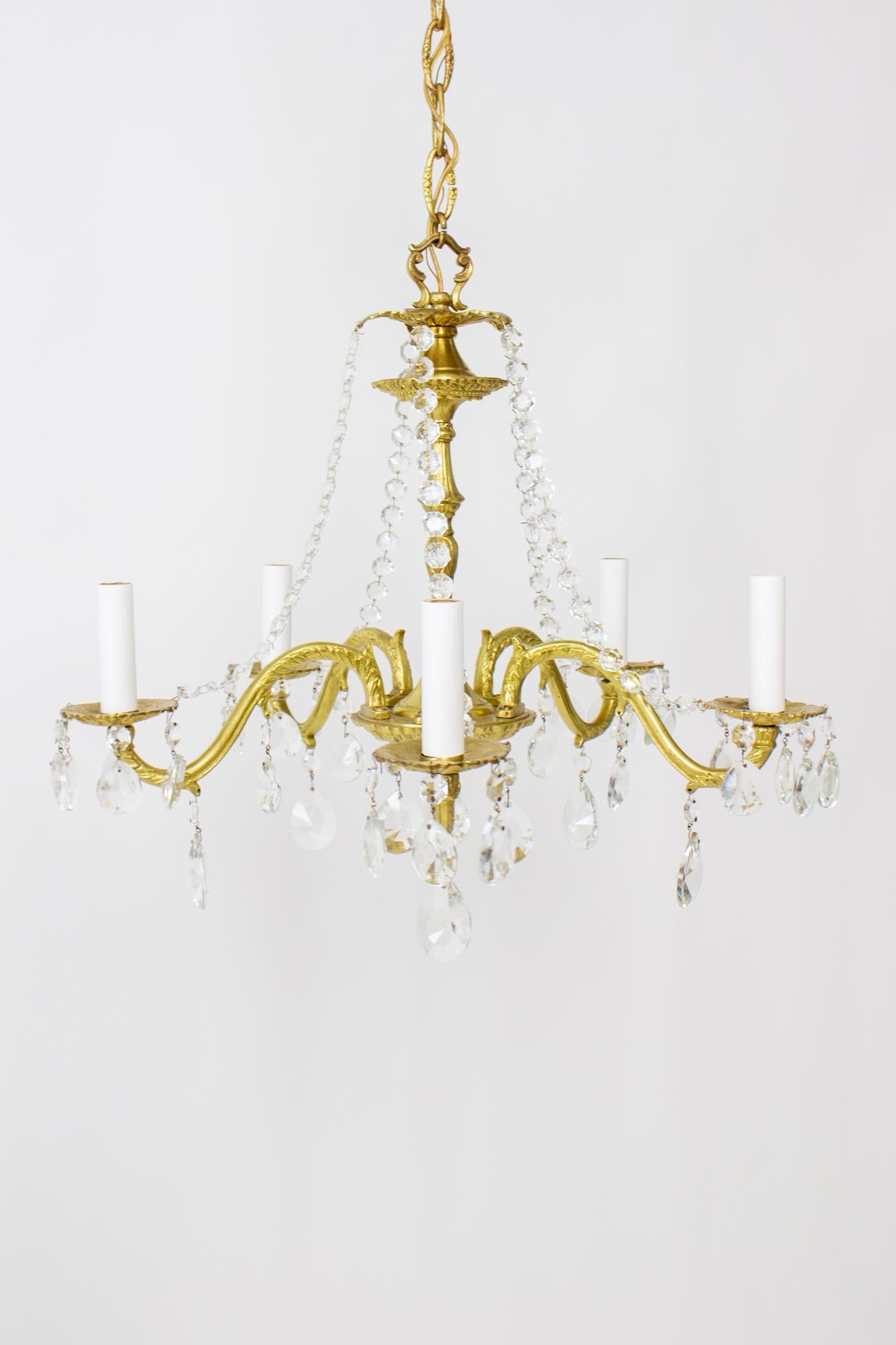 Mid-20th Century Five Arm Spanish Cast Brass and Crystal Chandelier For Sale 3
