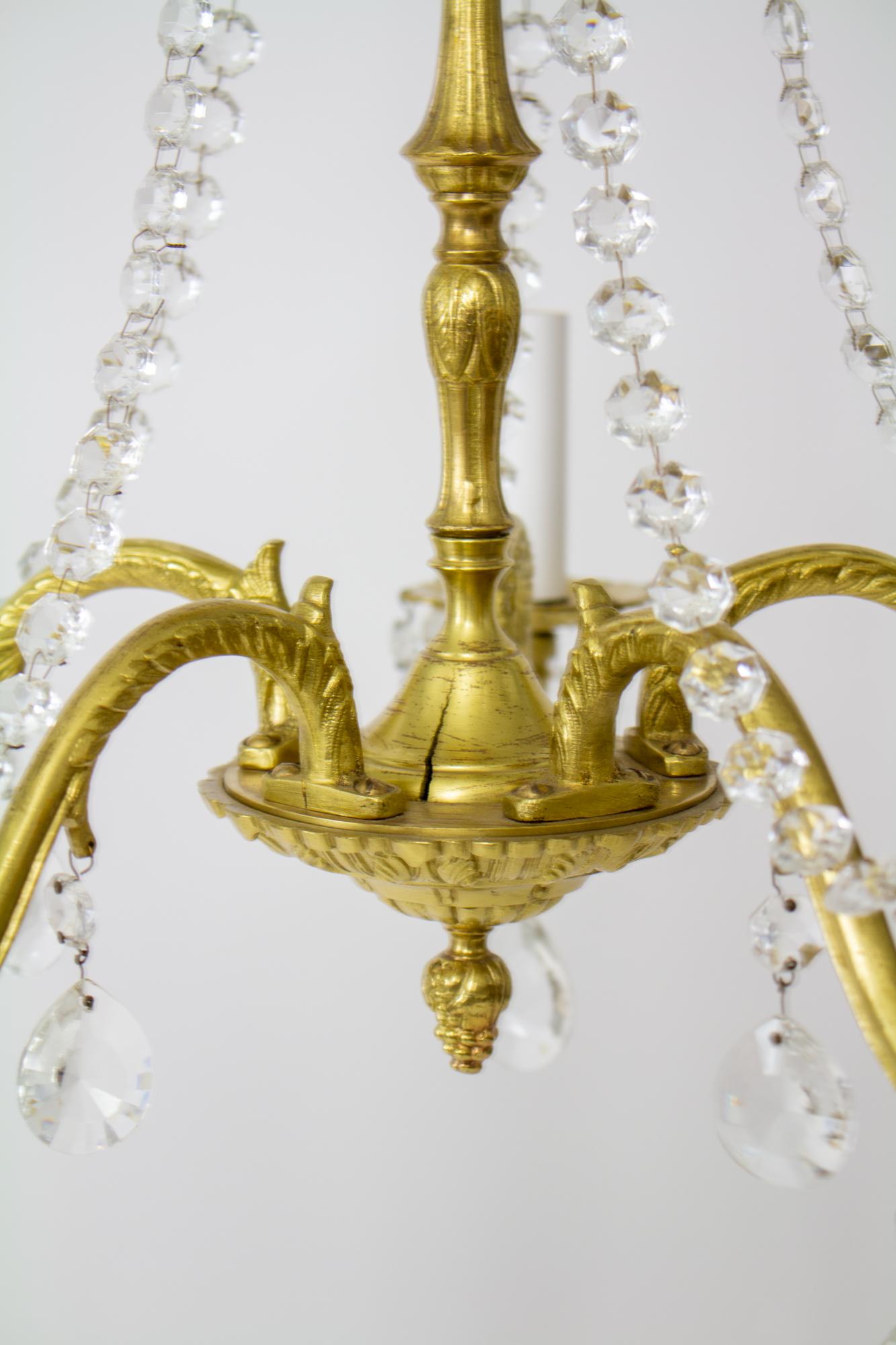 Mid-20th Century Five Arm Spanish Cast Brass and Crystal Chandelier For Sale 4