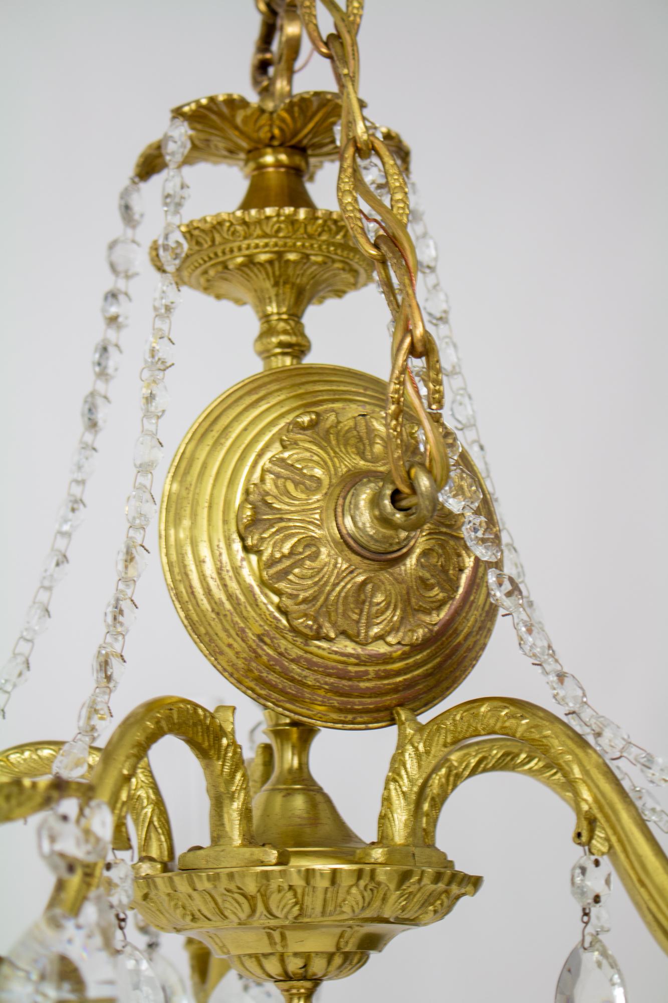 Mid-20th Century Five Arm Spanish Cast Brass and Crystal Chandelier For Sale 5