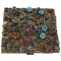 Mid 20th Century Floral Flower Rhinestone Gilt Compact