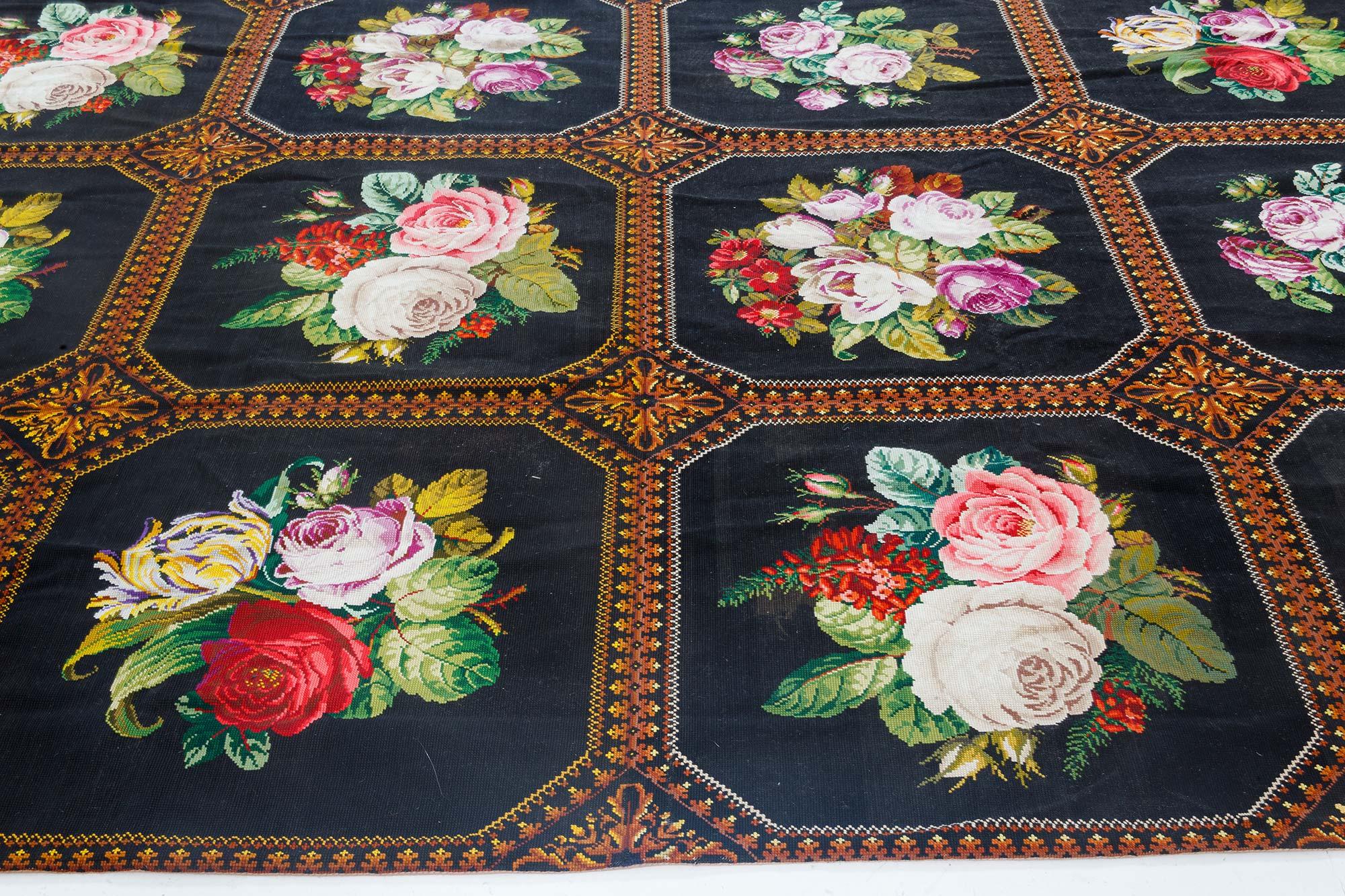 Wool Mid-20th Century Floral Needlework Rug For Sale