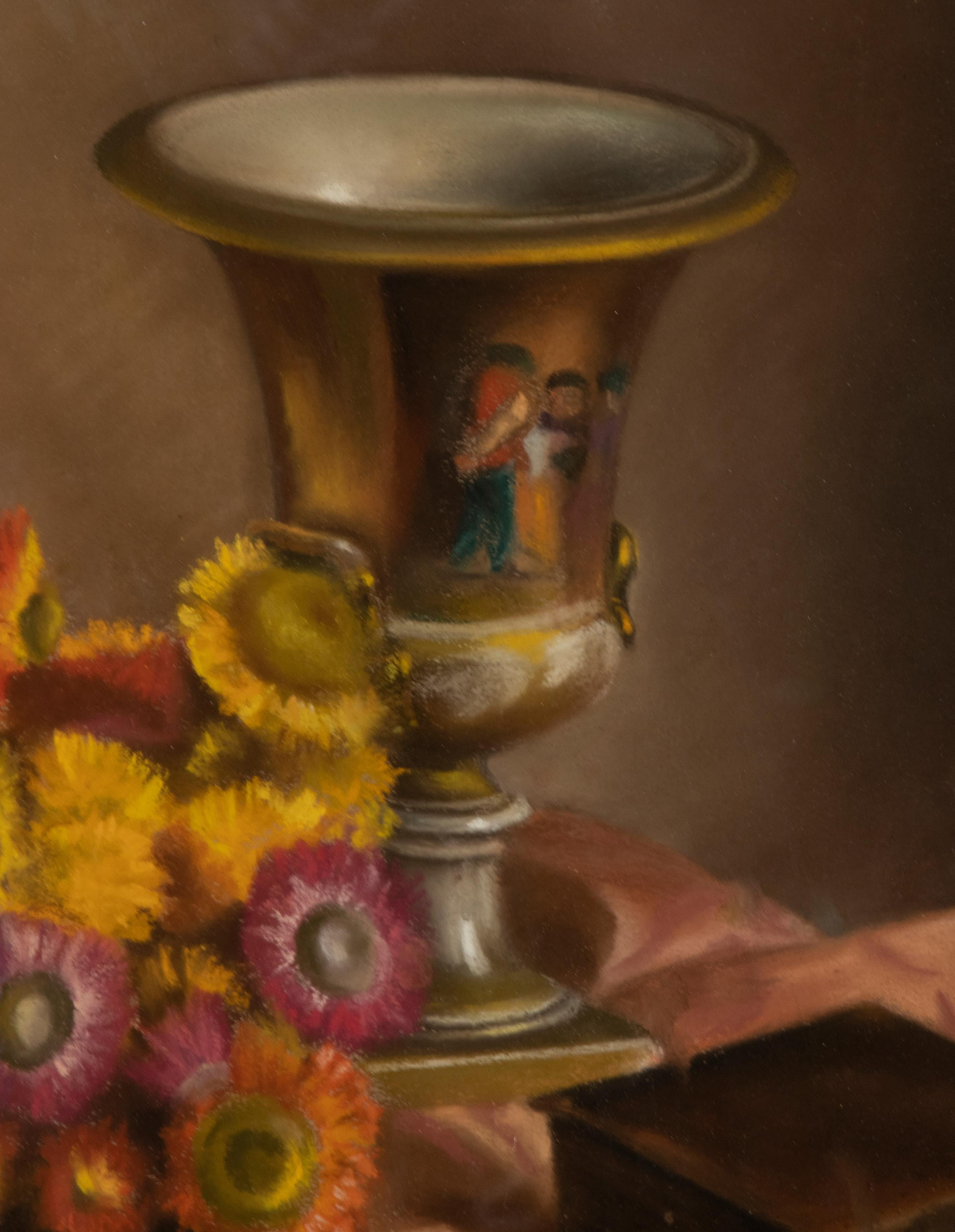 Nature morte de fleurs du milieu du XXe siècle, peinture au pastel sur panneau par Simone Dujardin en vente 2