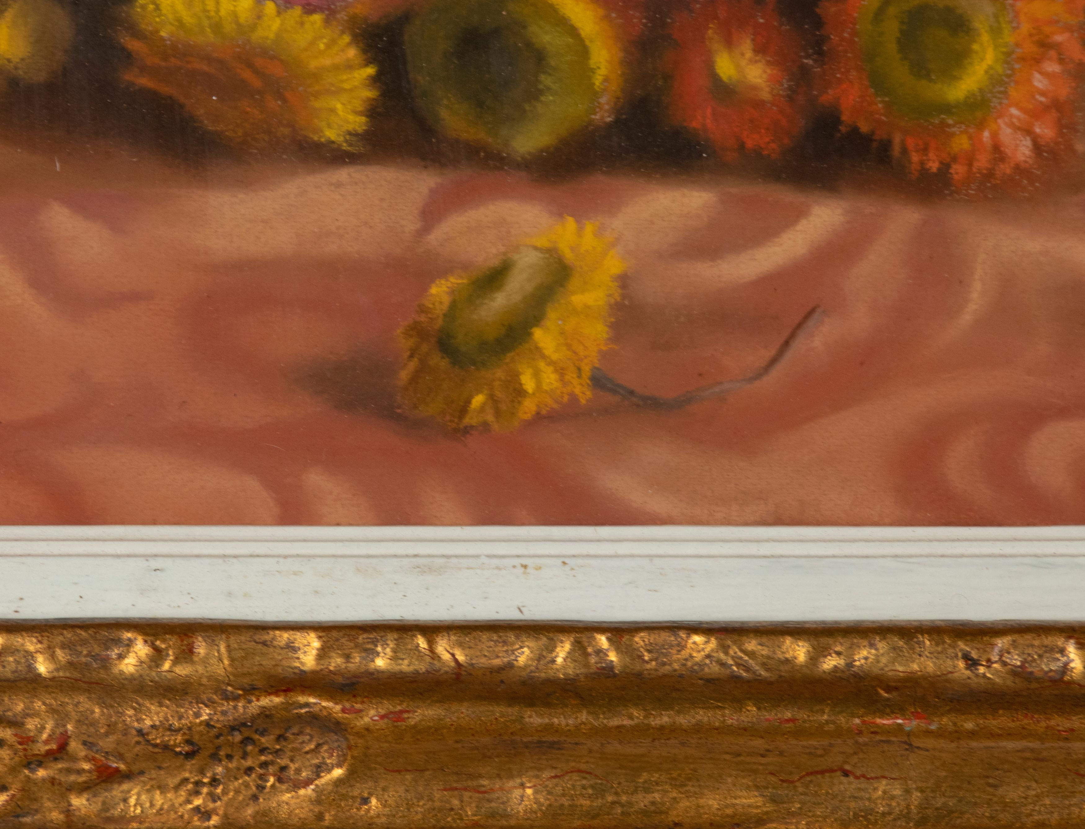 Nature morte de fleurs du milieu du XXe siècle, peinture au pastel sur panneau par Simone Dujardin en vente 3
