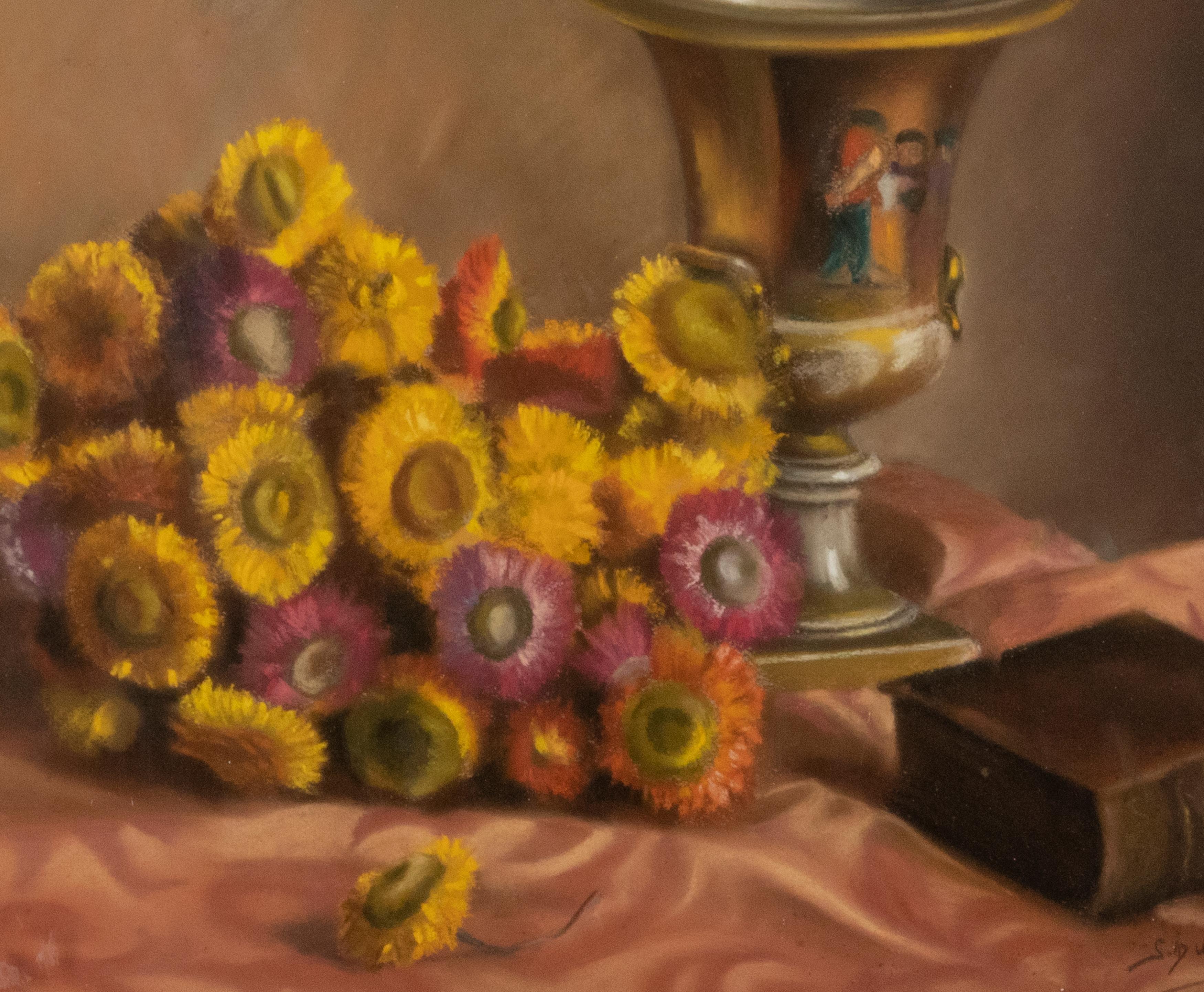 Nature morte de fleurs du milieu du XXe siècle, peinture au pastel sur panneau par Simone Dujardin en vente 5