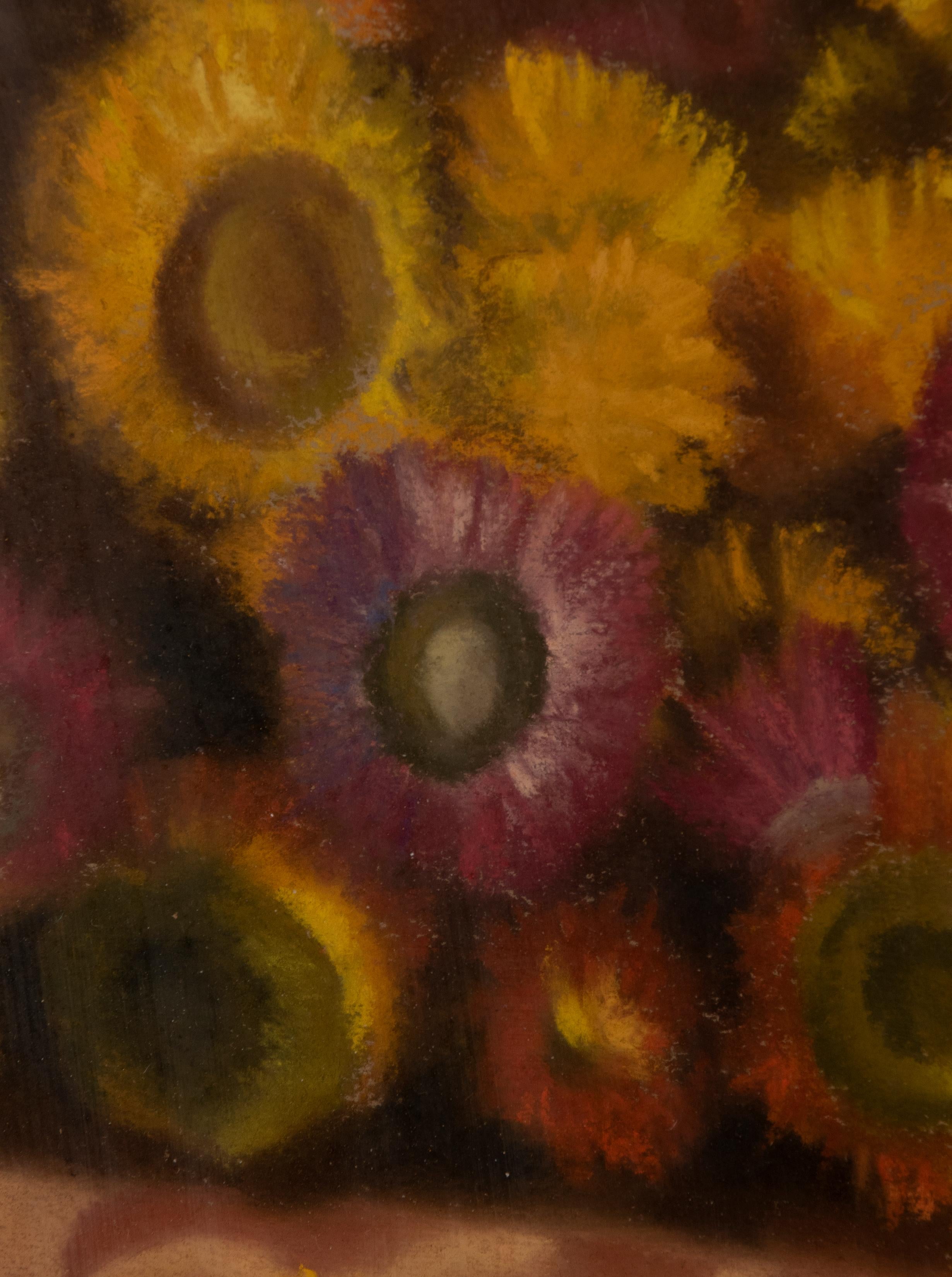 Nature morte de fleurs du milieu du XXe siècle, peinture au pastel sur panneau par Simone Dujardin en vente 6