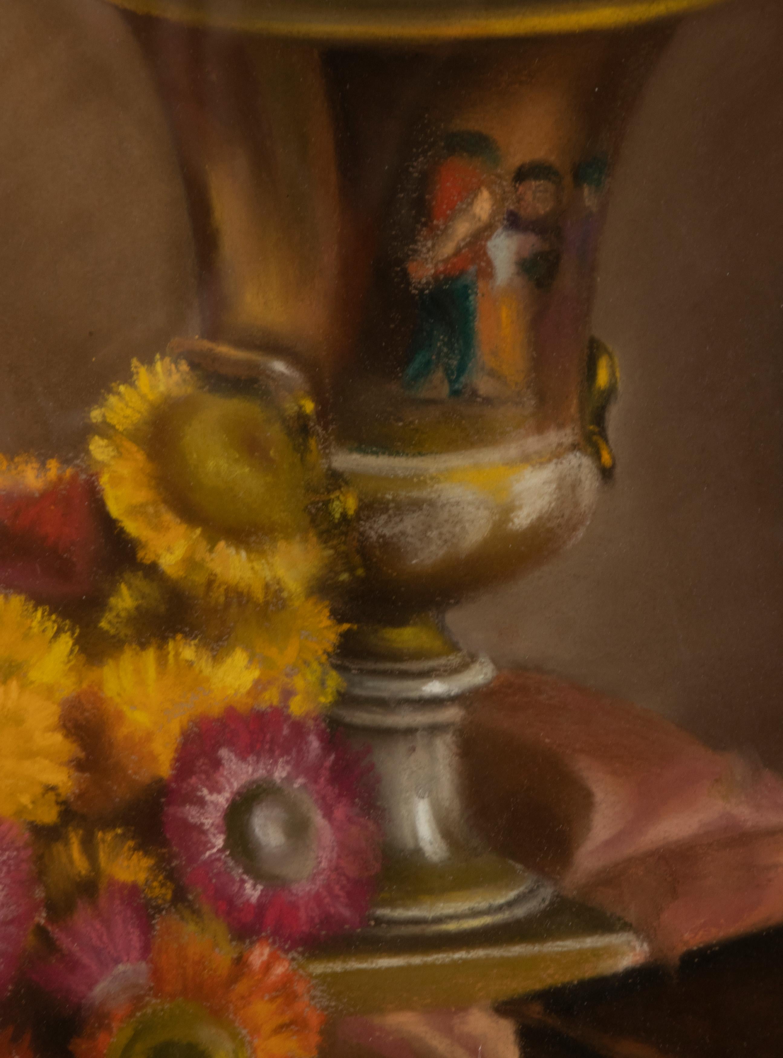 Nature morte de fleurs du milieu du XXe siècle, peinture au pastel sur panneau par Simone Dujardin en vente 8